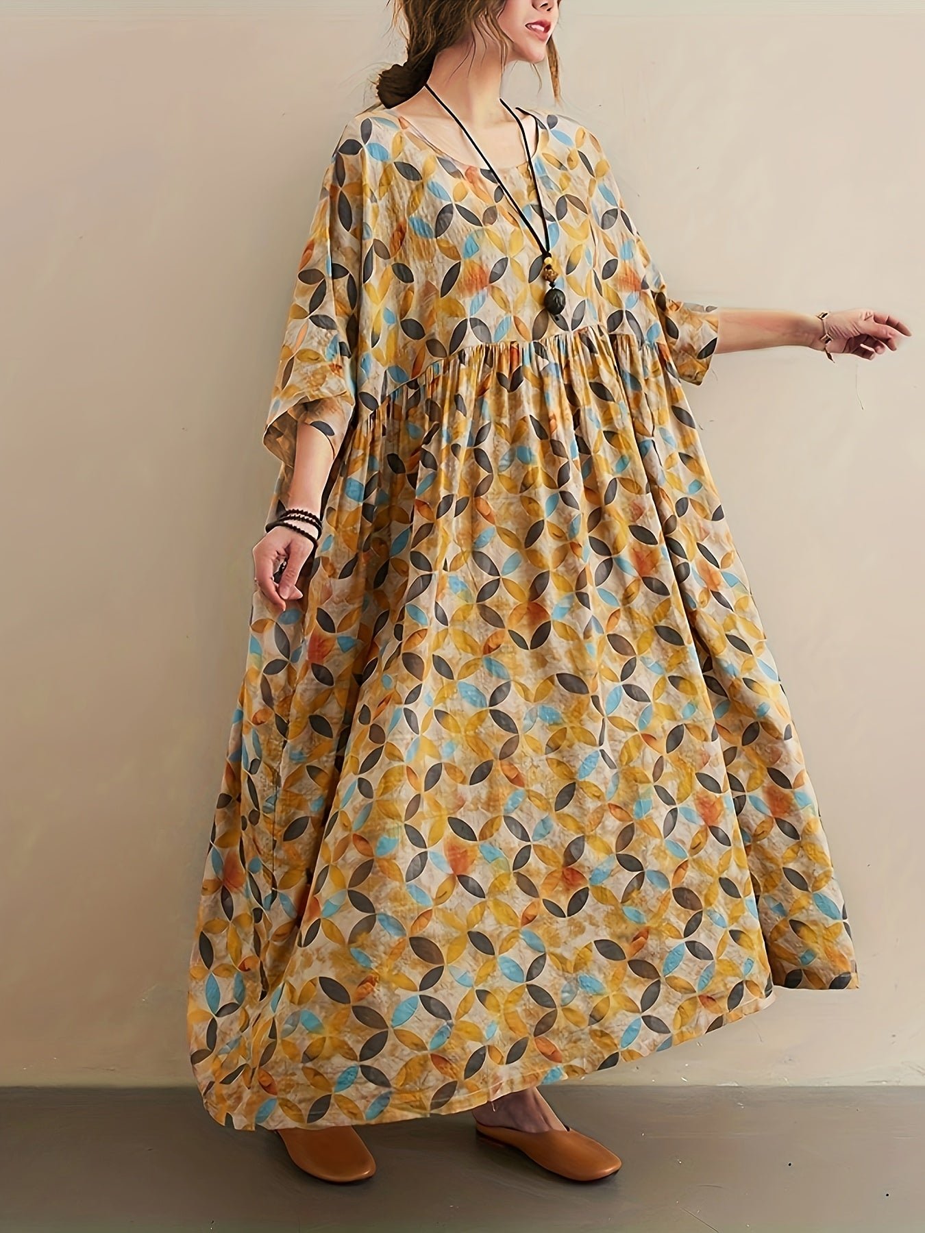 Plus Size Colorful Geo Print Loose Dress, Vacation Style Ruched Ankle Length 3/4 Sleeve Dress For Spring & Summer, Women's Plus Size Clothing