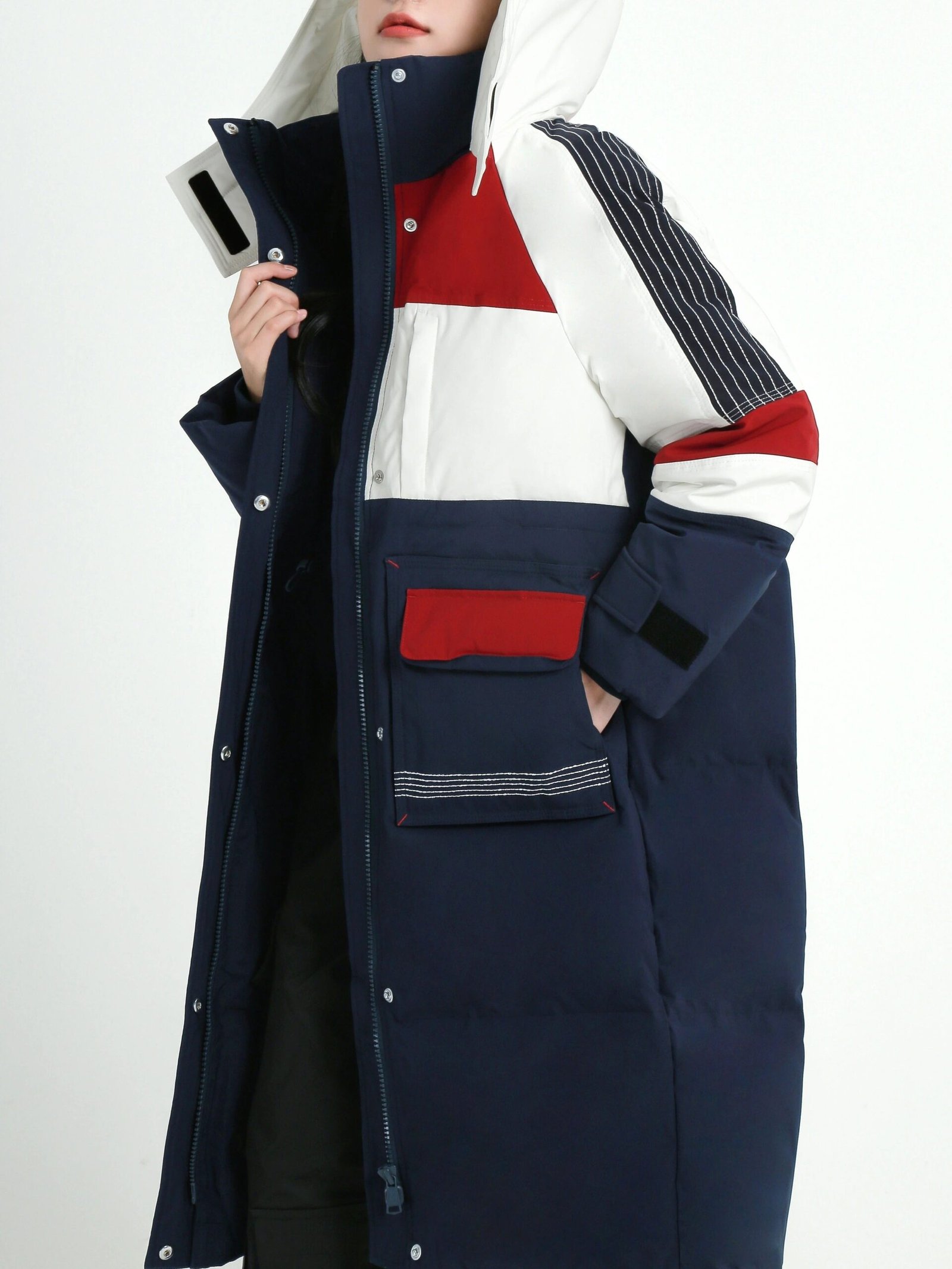 Color Block Hooded Down Jacket, Casual Stand Collar Long Sleeve Winter Warm Outerwear, Women's Clothing