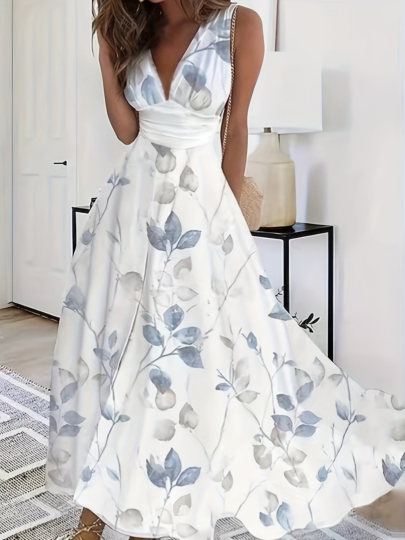 Plant Print High Waist Tank Dress, Elegant V Neck Sleeveless Dress For Spring & Summer, Women's Clothing