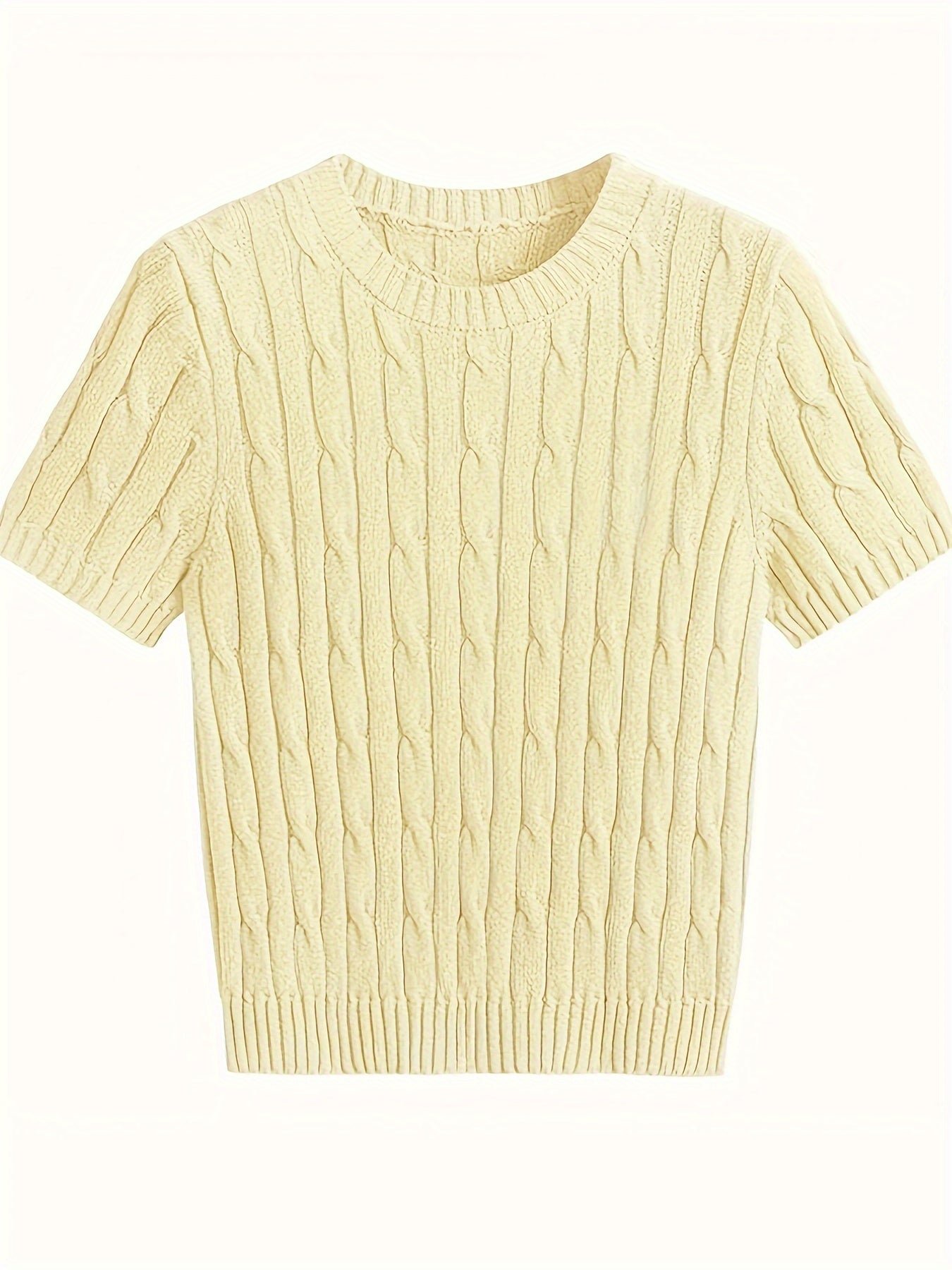 Cable Knitted Crew Neck Sweater, Casual Short Sleeve Pullover Sweater For Spring & Summer, Women's Clothing