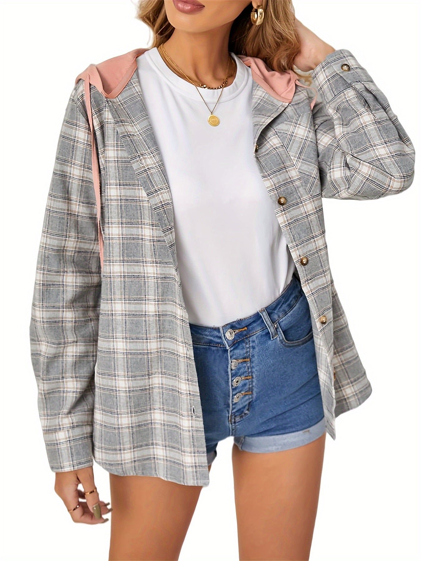 Plaid Print Single Breasted Jacket, Casual Drawstring Outwear For Spring & Fall, Women's Clothing