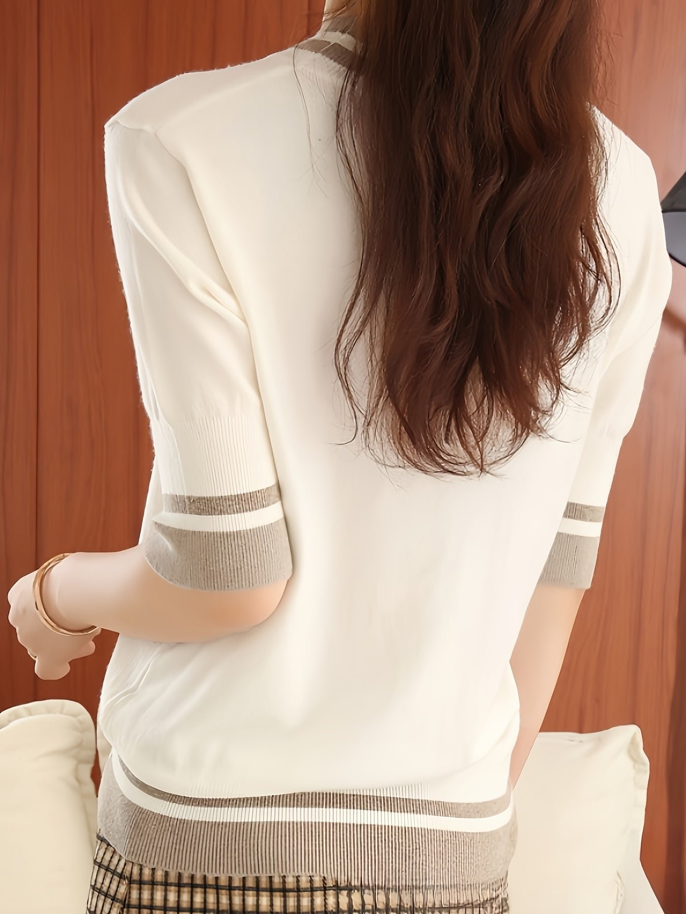 Contrast Trim Mock Neck Sweater, Casual Half Sleeve Pullover Sweater For Spring & Summer, Women's Clothing