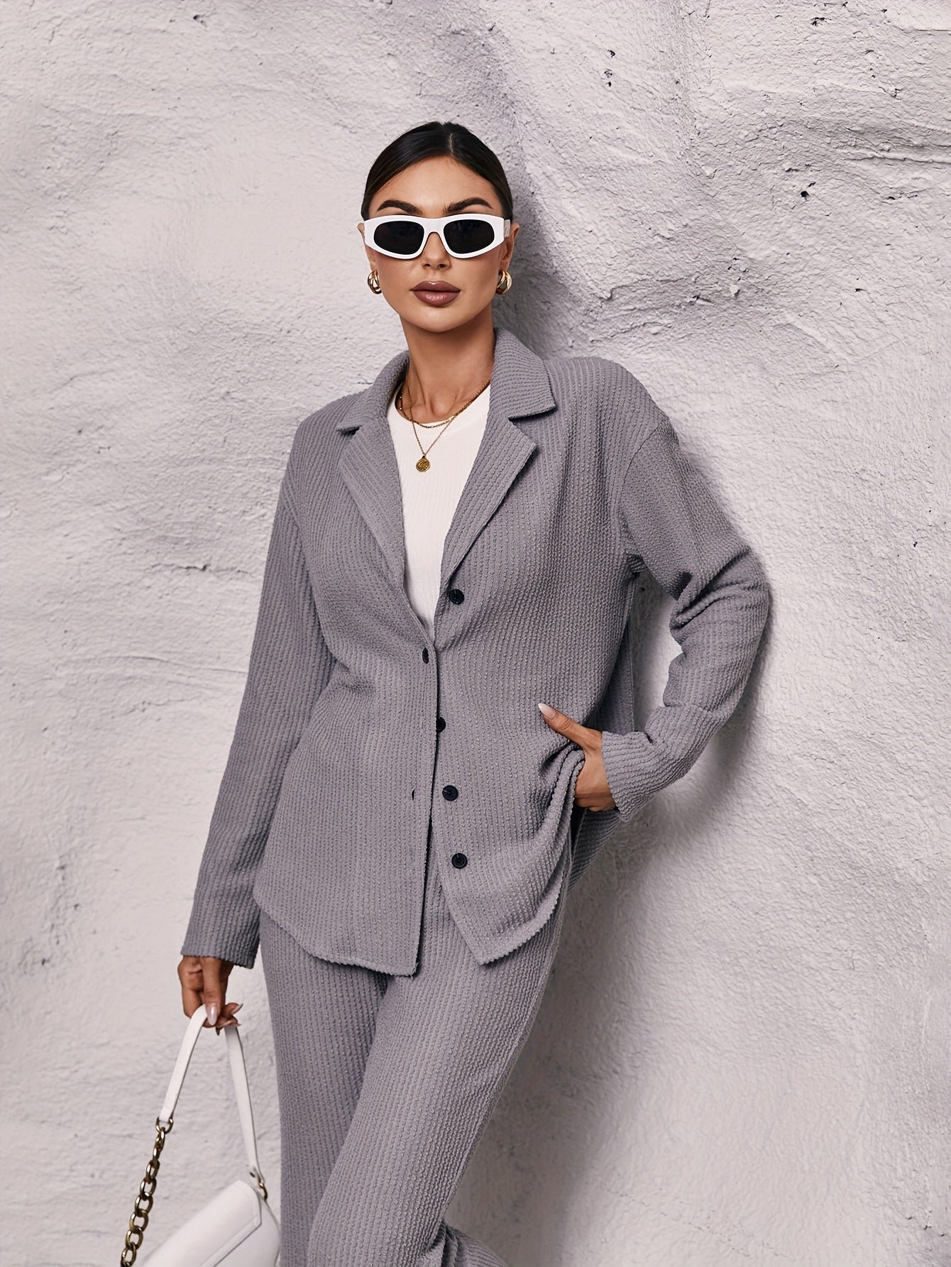 Solid Casual Two-piece Set, Button Up Long Sleeve Top & Pants Outfits, Women's Clothing