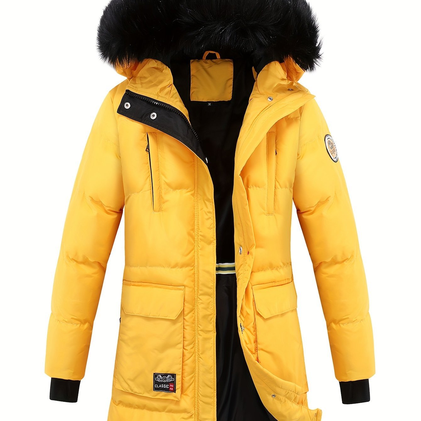 Women's Winter Puffer Jacket, Faux Fur Collar Hooded Coat, Zip-up Snap Button Windproof Thermal Casual Jacket