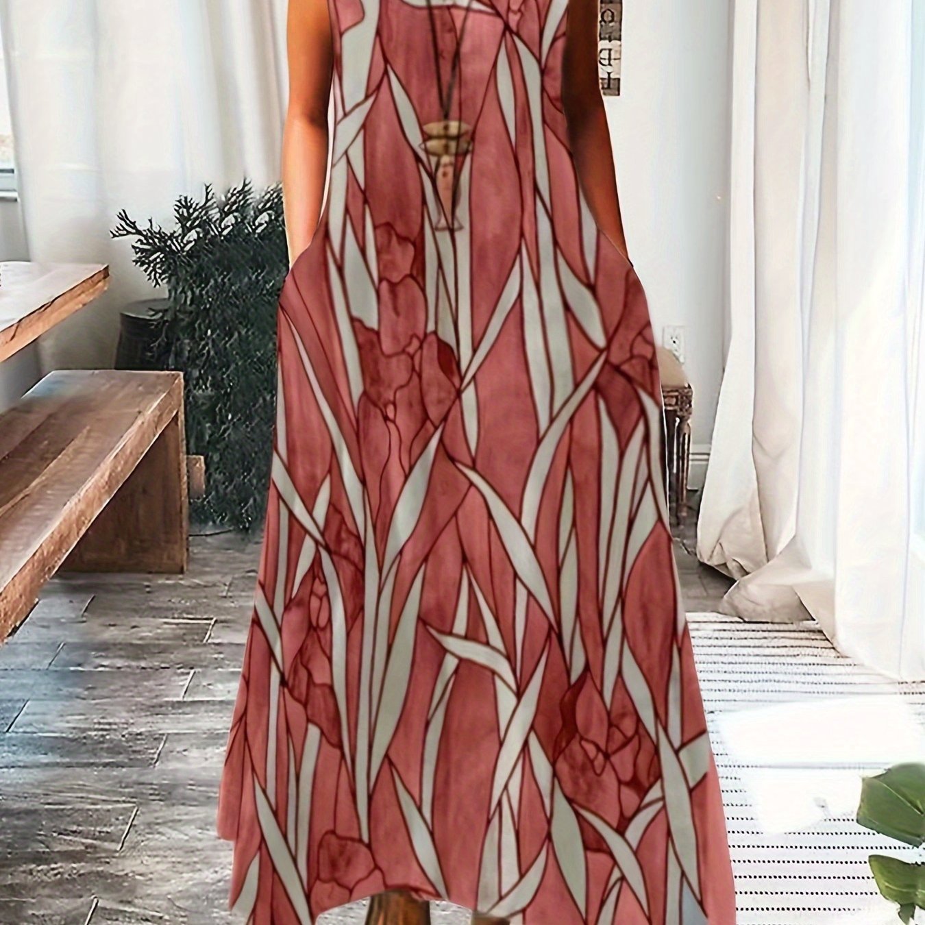 65263d686460e211d287dc03be7914b3 Plus Size Casual Summer Dress, Women's Plus Flower & Leaf Print Sleeveless Round Neck Medium Stretch Maxi Cami Dress With Pockets