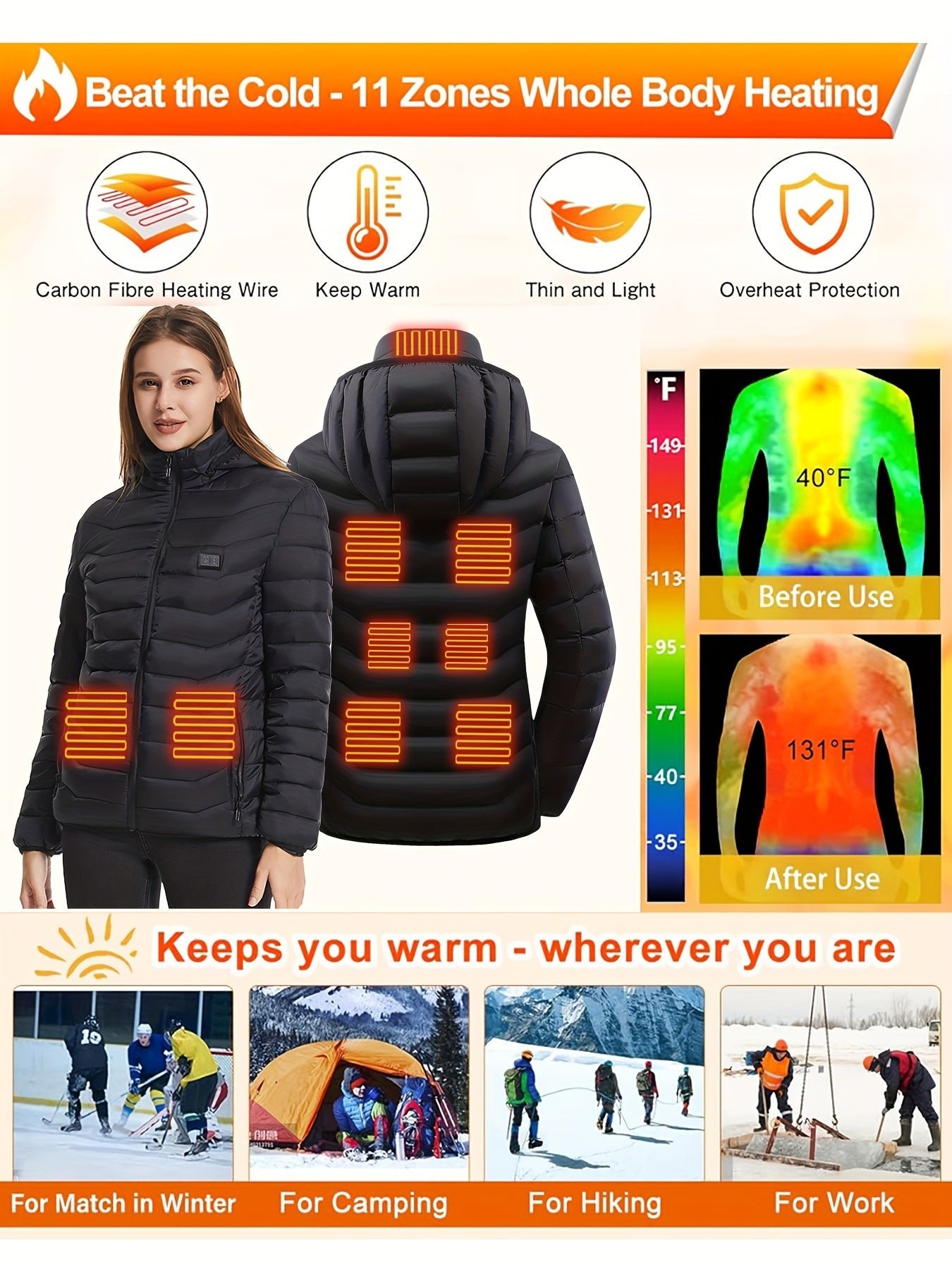 Women's Waterp Resistant Heated Jacket, Long Sleeve Thermal Clothing, USB Electric Heating Coat For Outdoor Camping, Cycling, Fishing, Hiking, Skiing Thermal Wear (Battery Pack Not Included) For Fall & Winter