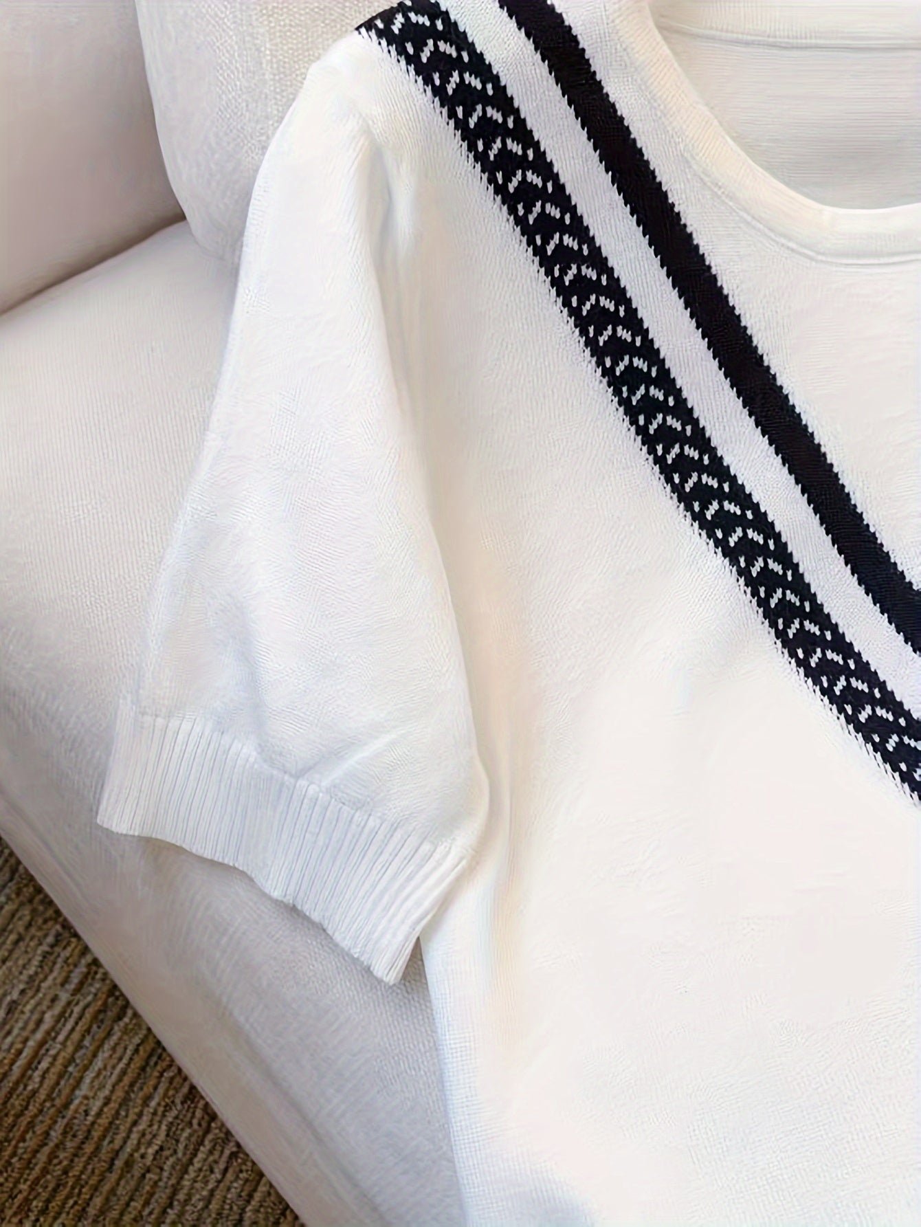 Color Block Crew Neck Knitted Sweater, Casual Short Sleeve Top For Spring & Summer, Women's Clothing