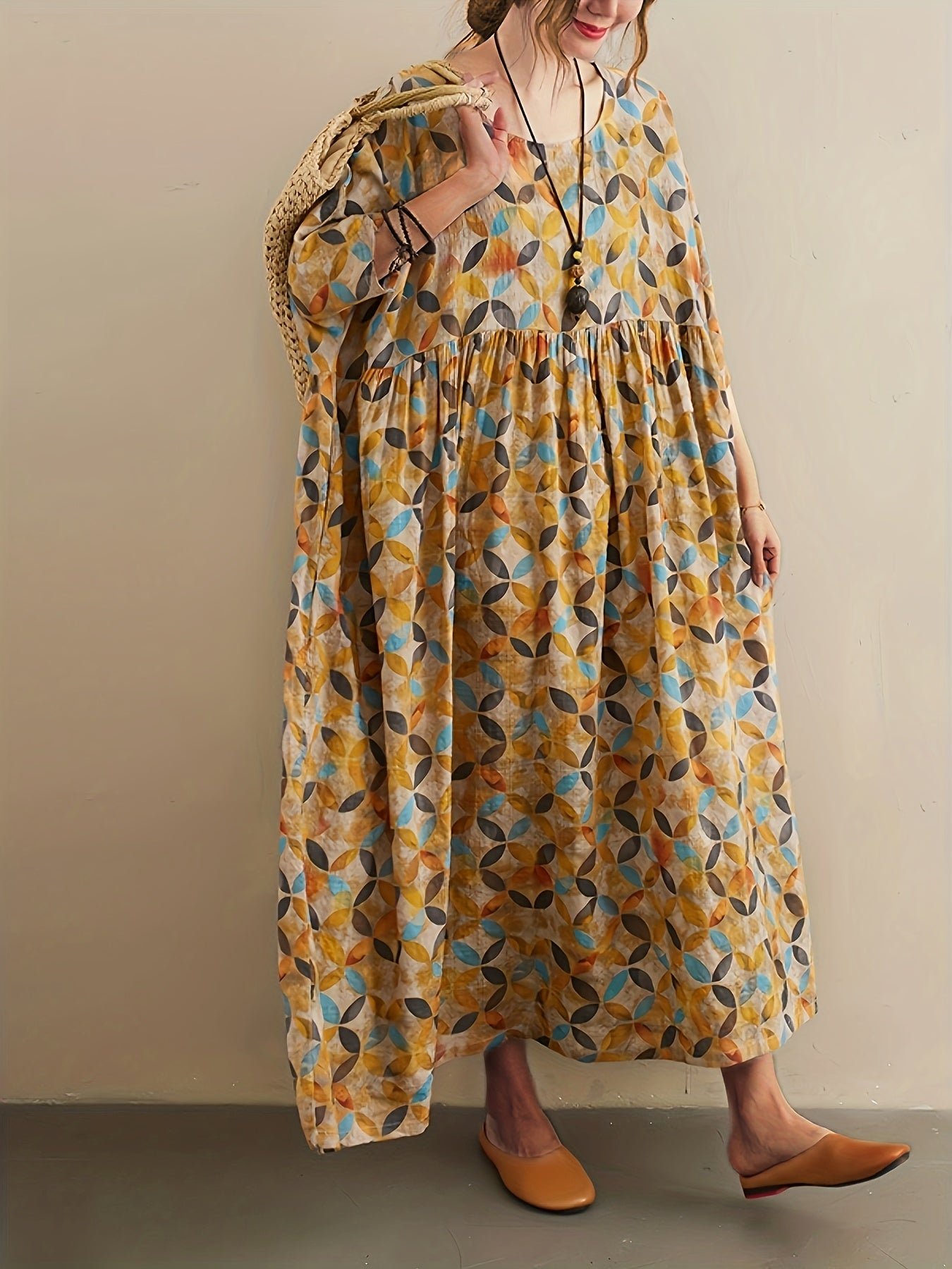 6c4e7e56-fcef-48af-8519-030e595cef24-1 Plus Size Colorful Geo Print Loose Dress, Vacation Style Ruched Ankle Length 3/4 Sleeve Dress For Spring & Summer, Women's Plus Size Clothing