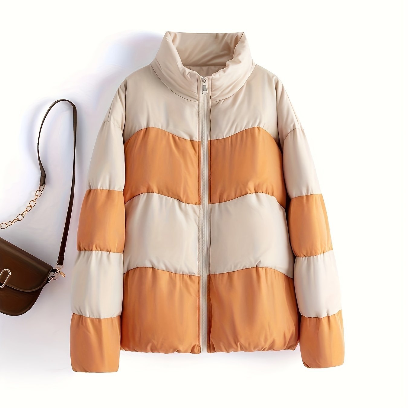 Color Block Puffer Jacket For Women, Stand Collar Warn Winter Sports Jacket, Women's Activewear