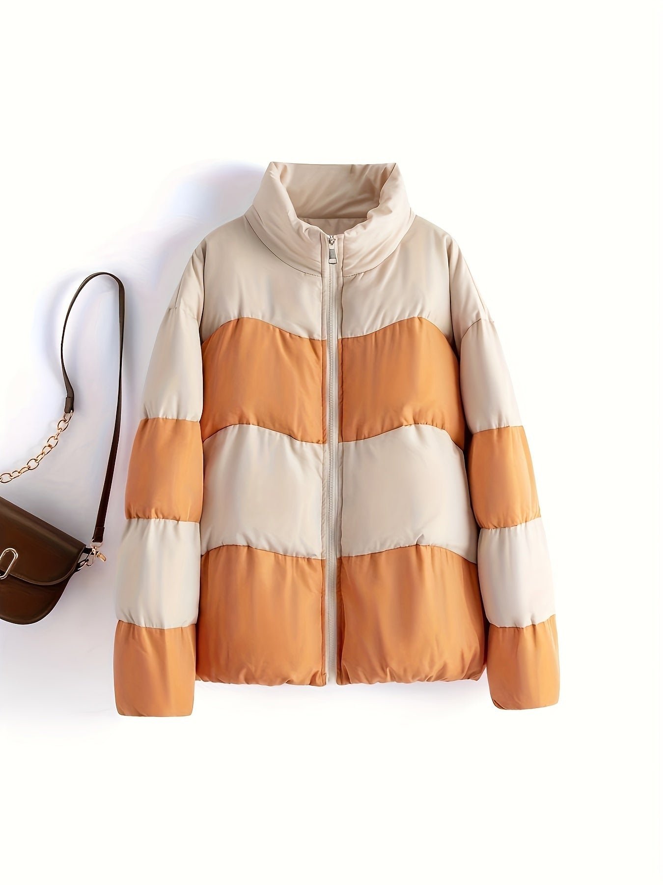 Color Block Puffer Jacket For Women, Stand Collar Warn Winter Sports Jacket, Women's Activewear