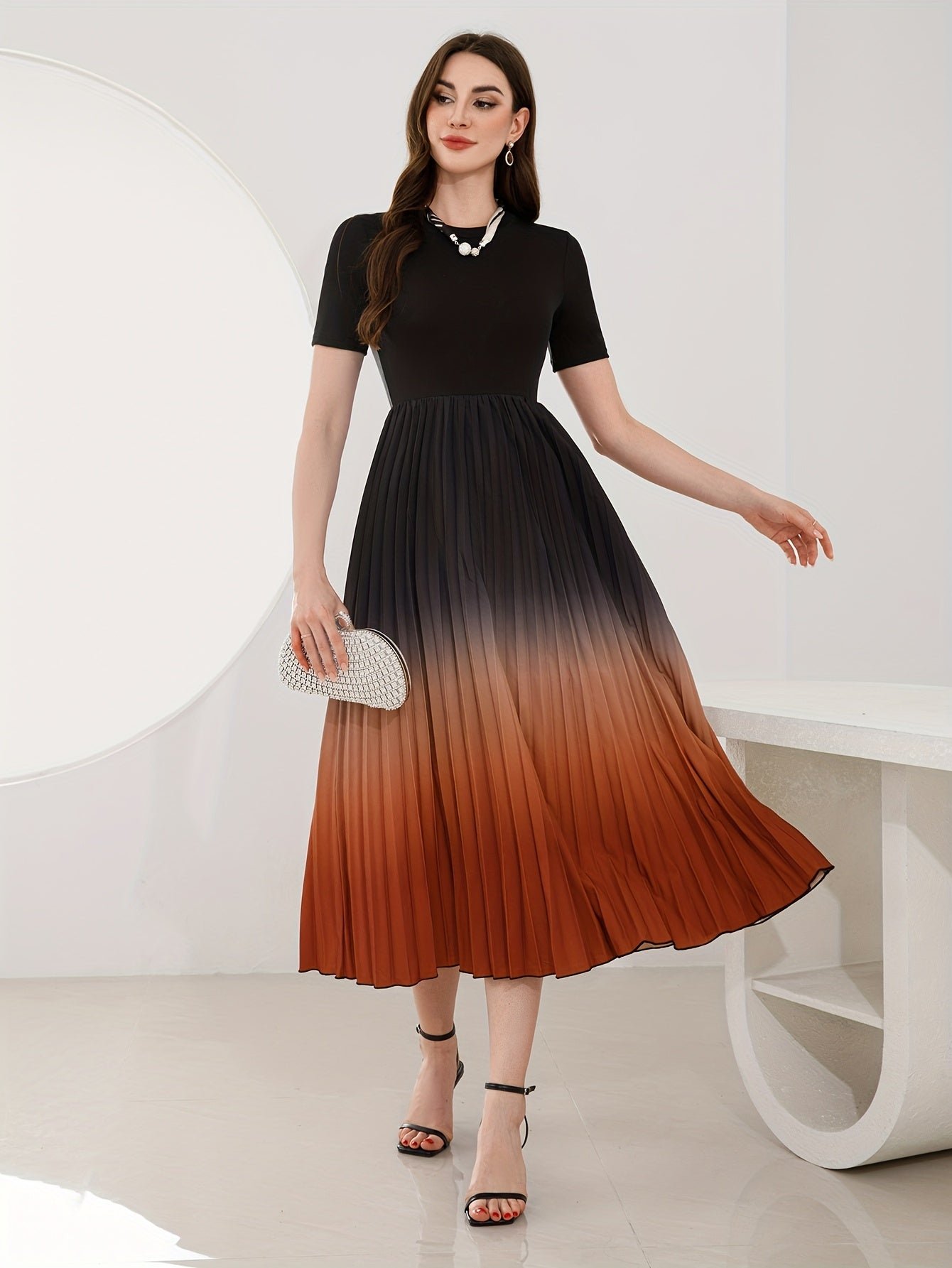 Ombre Crew Neck Pleated Dress, Elegant Short Sleeve A-line Swing Dress For Spring & Summer, Women's Clothing