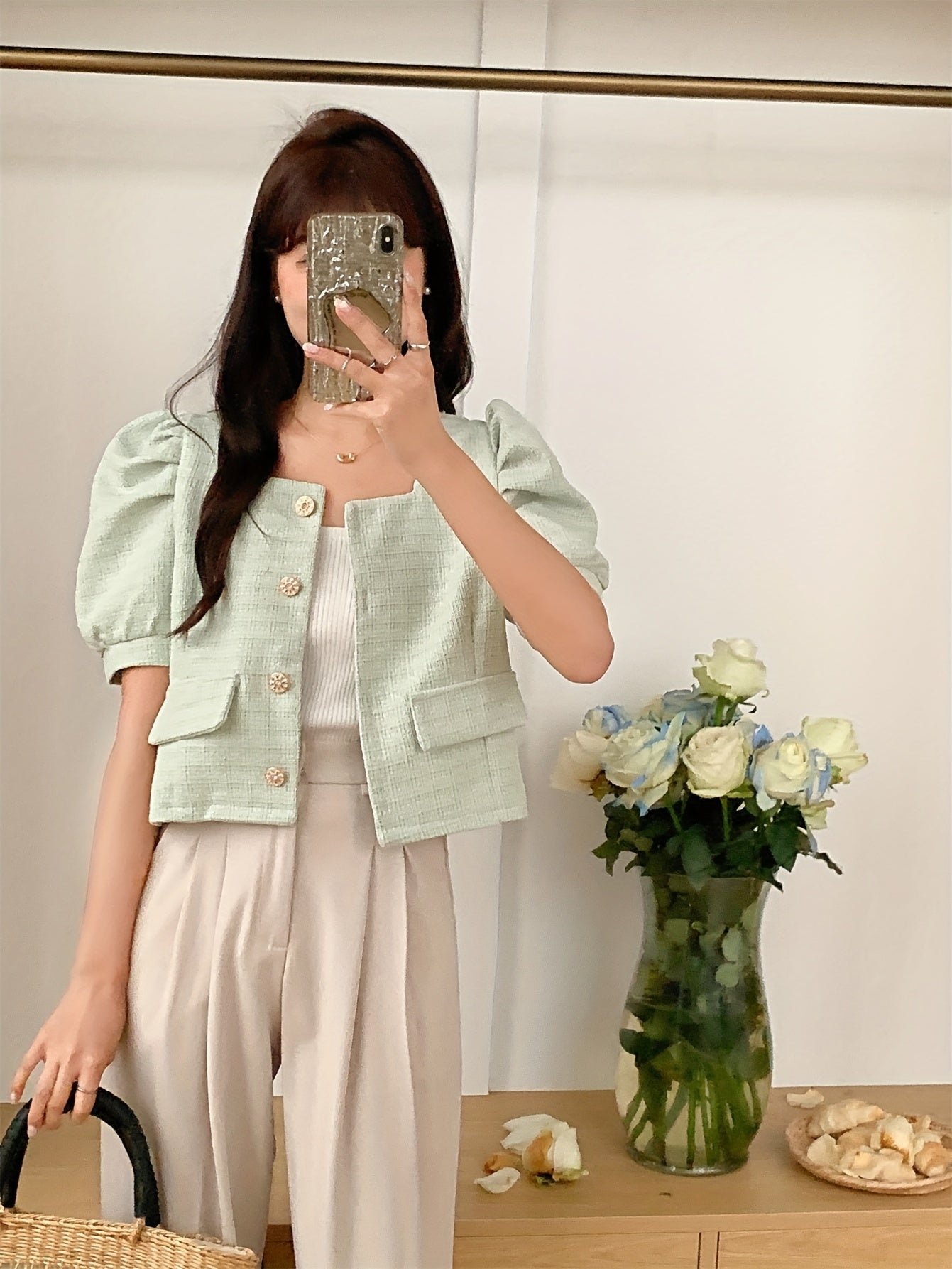 Puff Sleeve Square Neck Jacket, Elegant Button Front Jacket For Spring & Fall, Women's Clothing