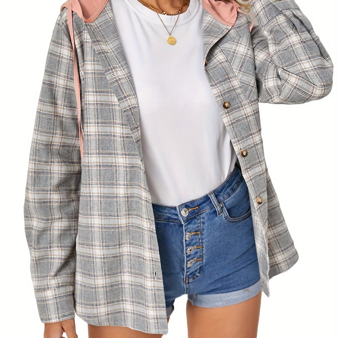 Plaid Print Single Breasted Jacket, Casual Drawstring Outwear For Spring & Fall, Women's Clothing