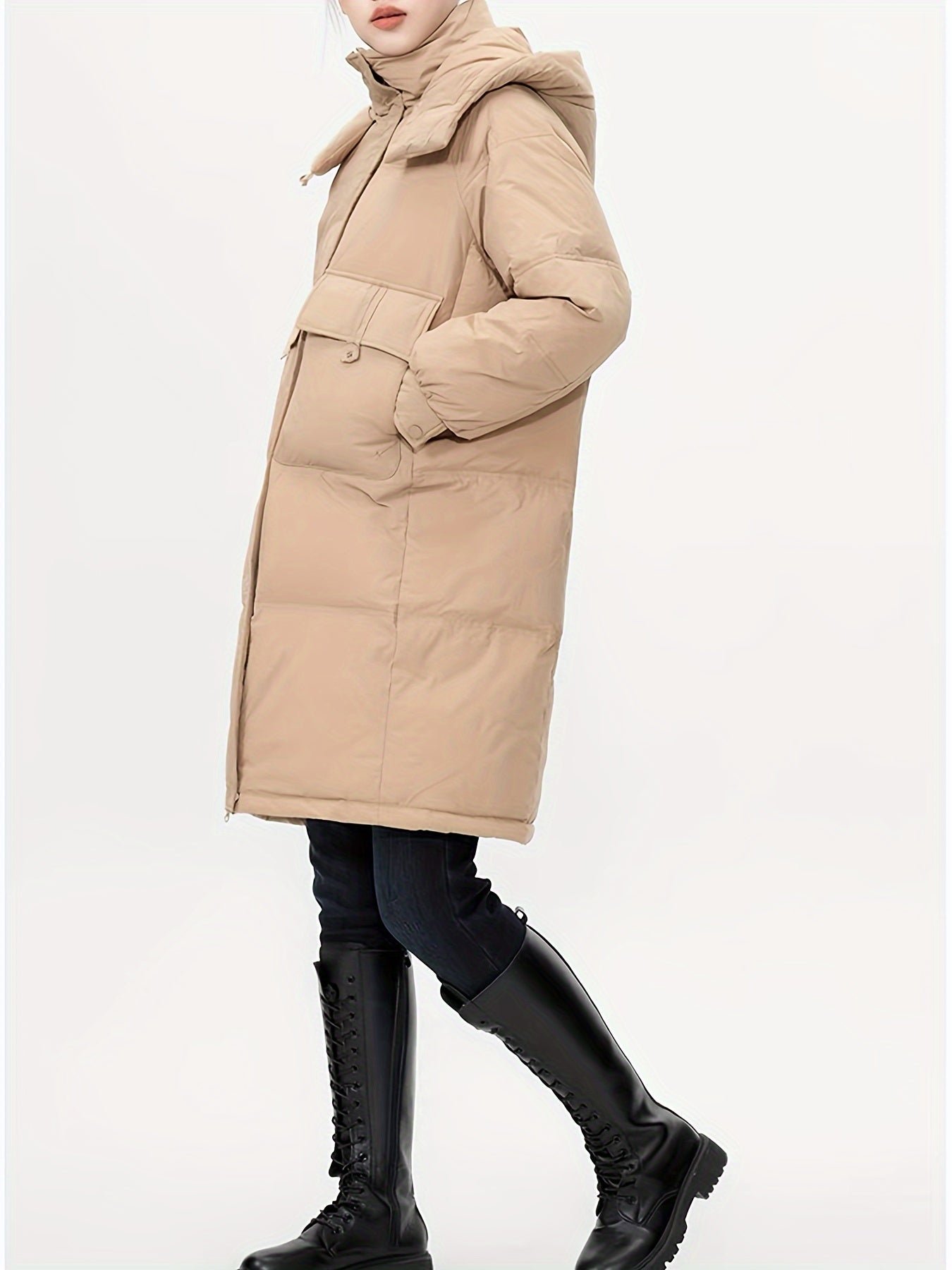 Solid Color Over The Knee Thickened Puffer Jacket, Mid-length Hooded Sports Warm Winter Jacket, Women's Activewear