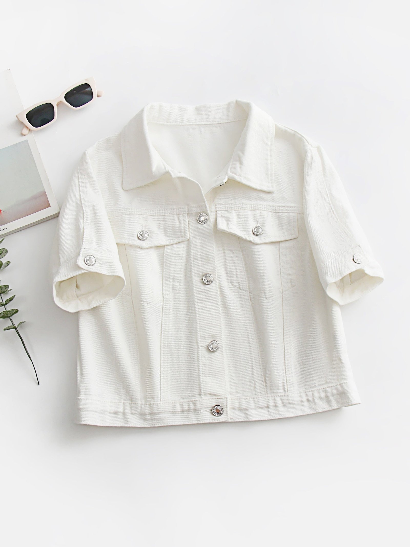 Plain White Short Sleeve Denim Coat, Lapel Single-breasted Flap Pocket Denim Jacket, Women's Denim Jeans & Clothing