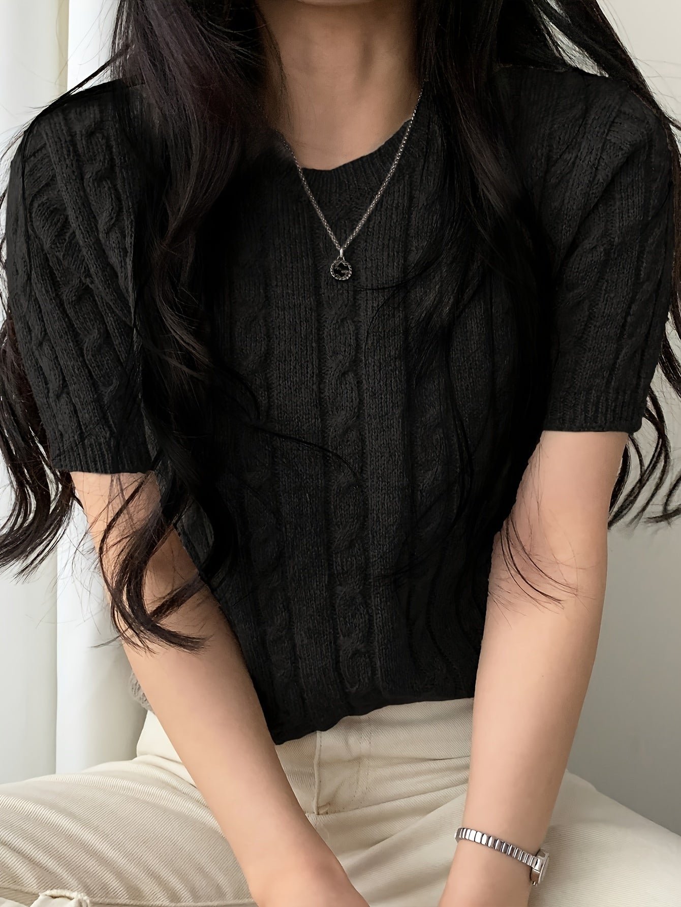 Cable Knit Pullover Sweater, Casual Short Sleeve Knitted Sweater For Spring & Summer, Women's Clothing