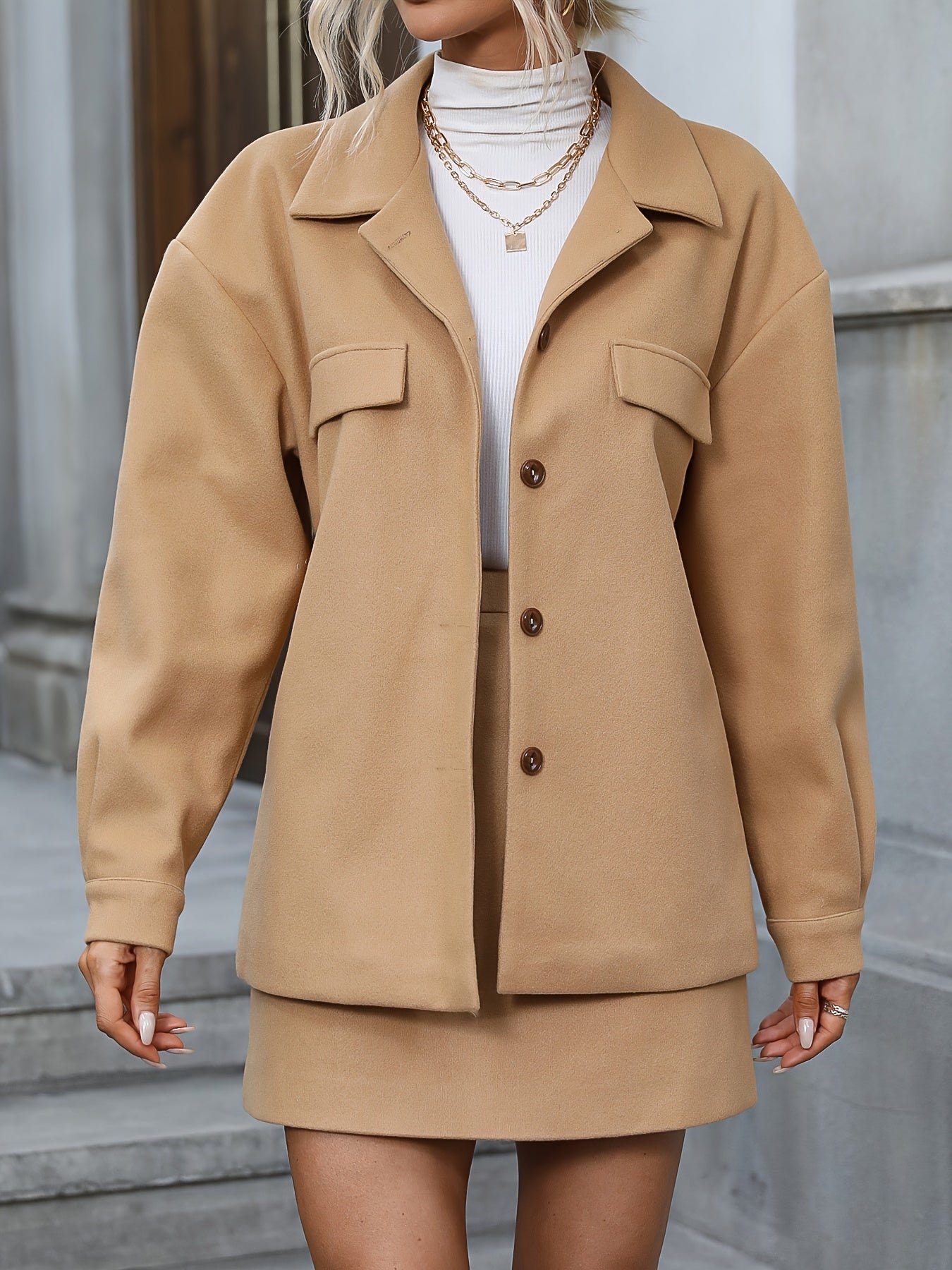 Solid Elegant Two-piece Set, Button Front Long Sleeve Jacket & High Waist Mini Skirts Outfits, Women's Clothing