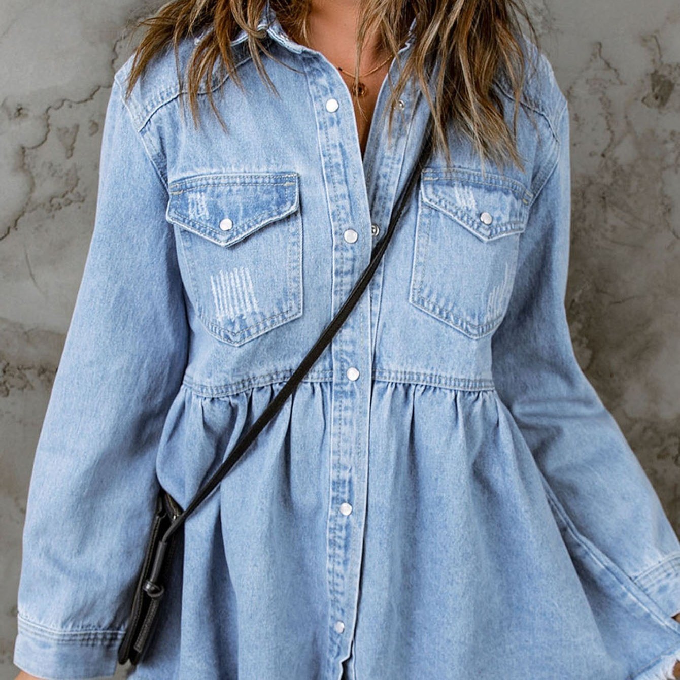 Women's Casual Long Sleeve Denim Button Down Shirt, Ruffled-Hem Denim Jacket