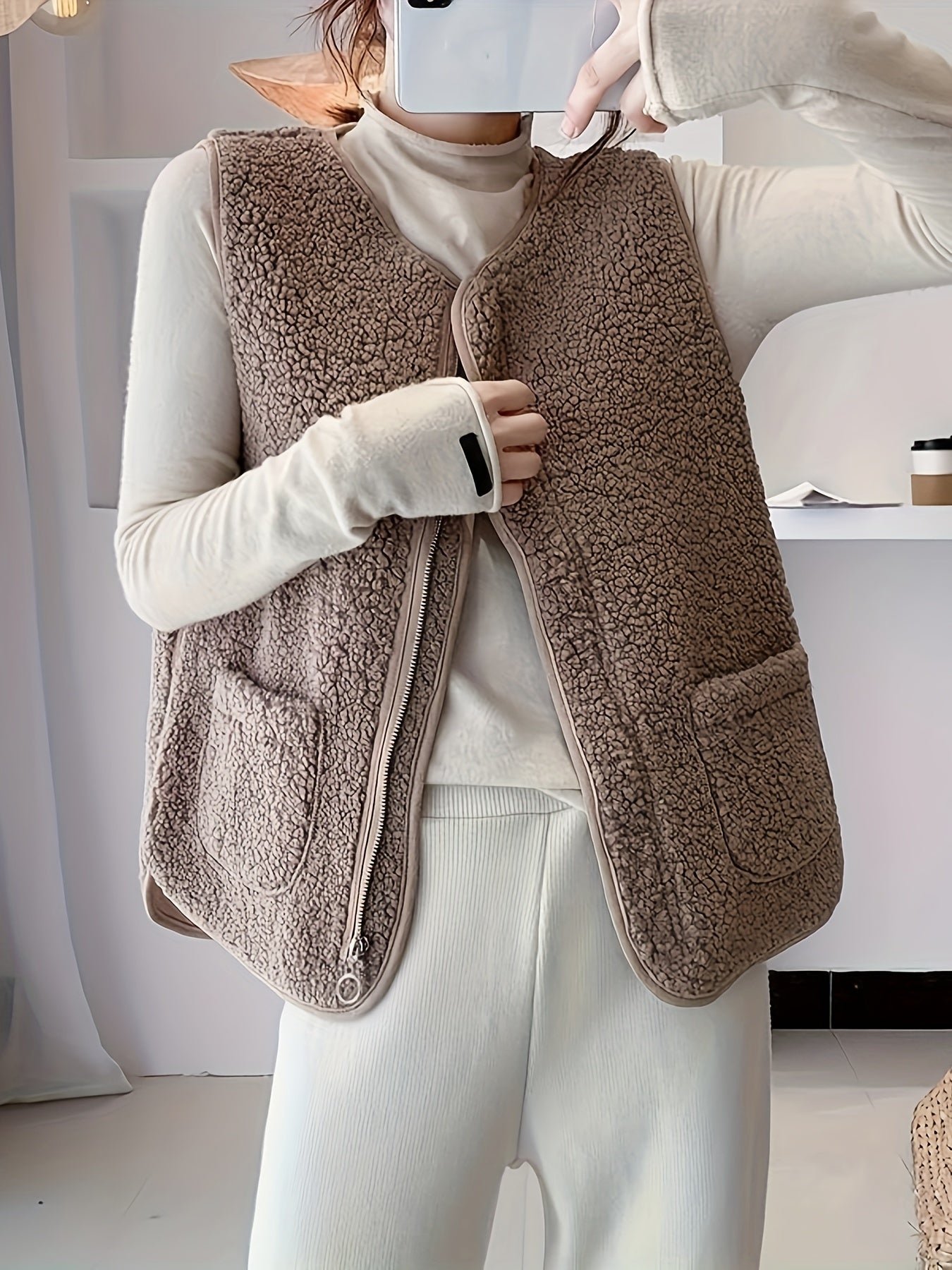 Patched Pocket Zipper Front Vest Jacket, Casual Sleeveless Jacket For Spring & Summer, Women's Clothing