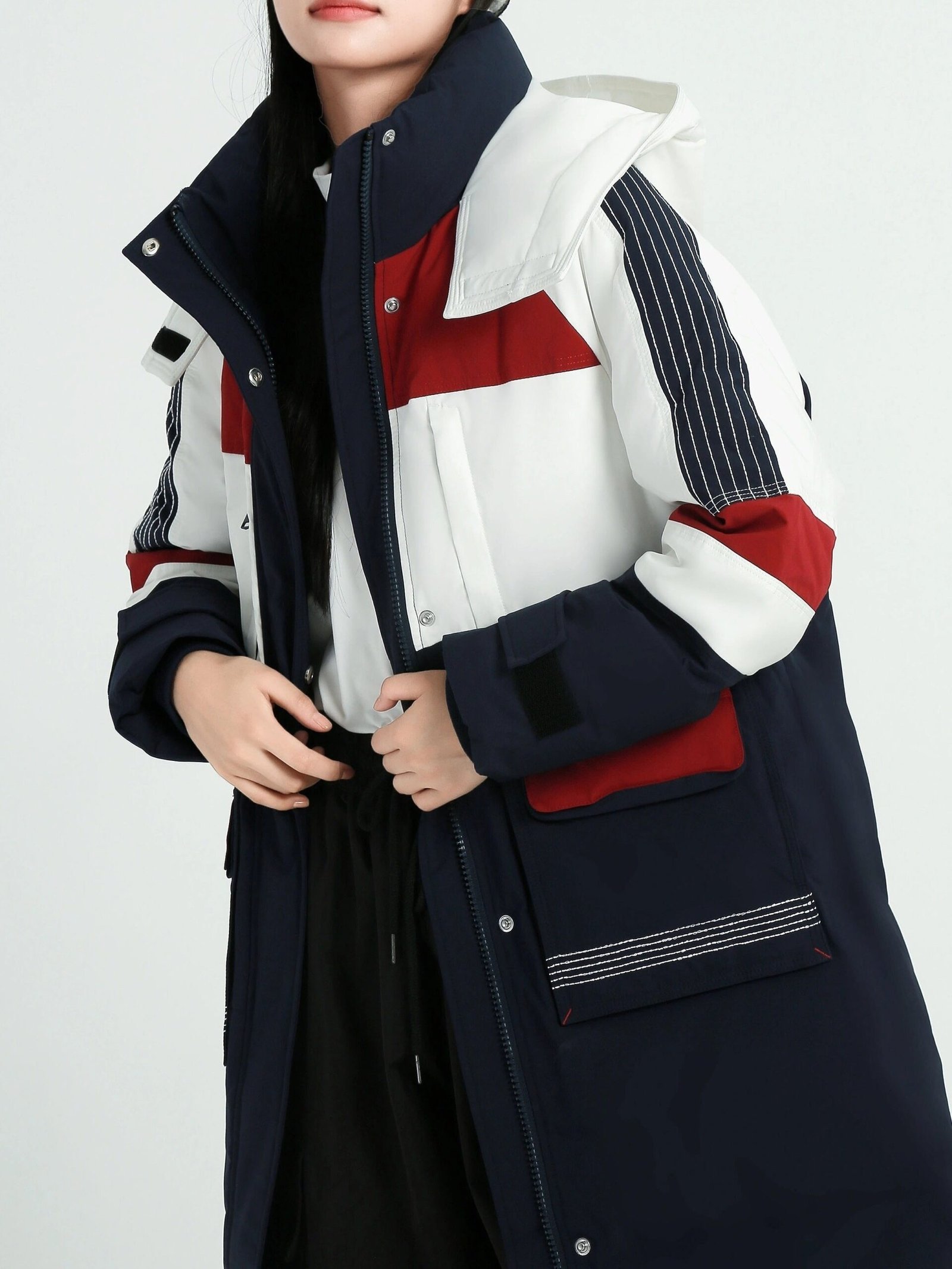 Color Block Hooded Down Jacket, Casual Stand Collar Long Sleeve Winter Warm Outerwear, Women's Clothing