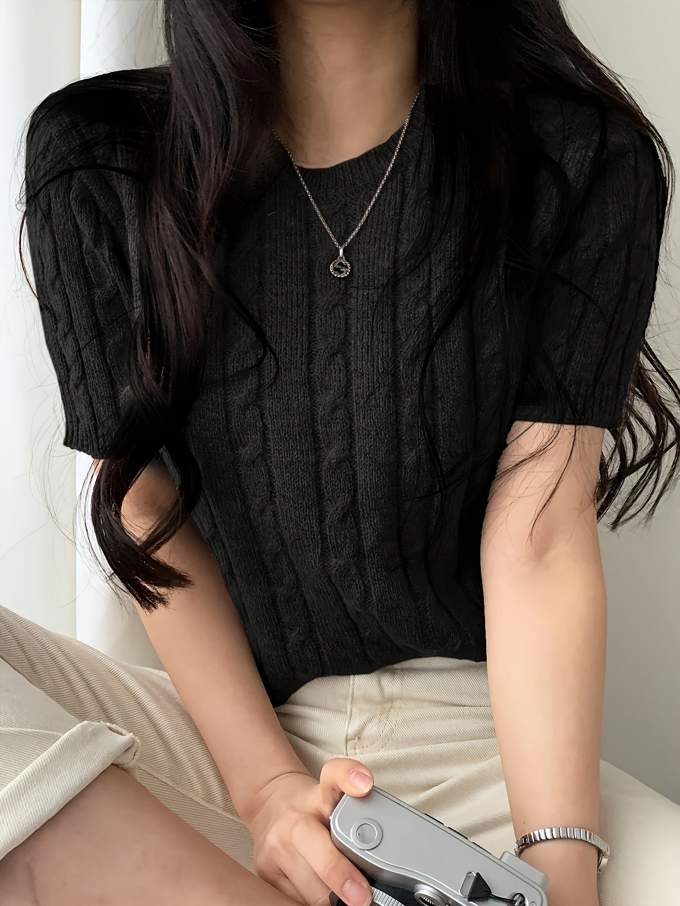 89c70c25-bfa6-4090-81e1-c3492853b543-1 Cable Knit Pullover Sweater, Casual Short Sleeve Knitted Sweater For Spring & Summer, Women's Clothing