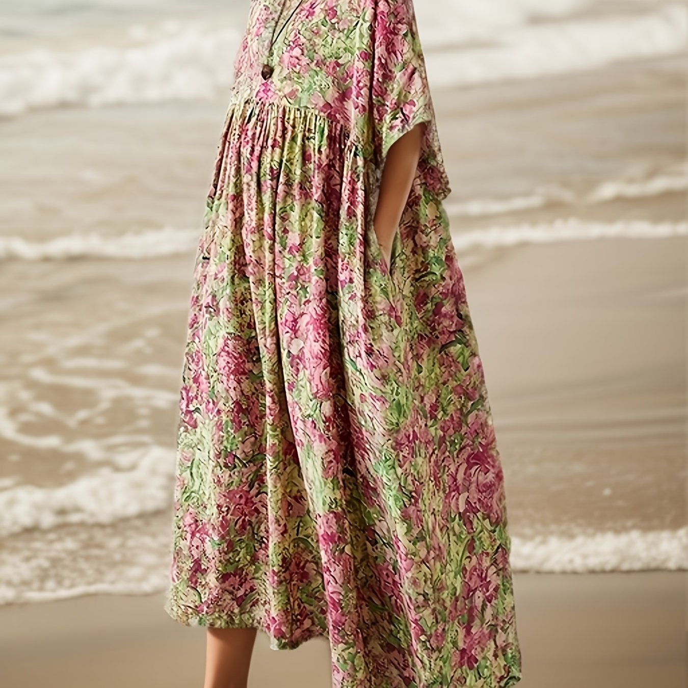 Plus Size Floral Print Ruched Loose Dress, Casual Short Sleeve Dress For Spring & Summer, Women's Plus Size Clothing