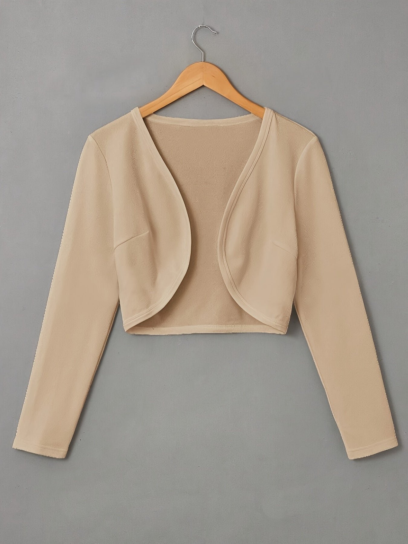 Solid Color Open Front Crop Jacket, Versatile Long Sleeve Outwear For Spring & Fall, Women's Clothing