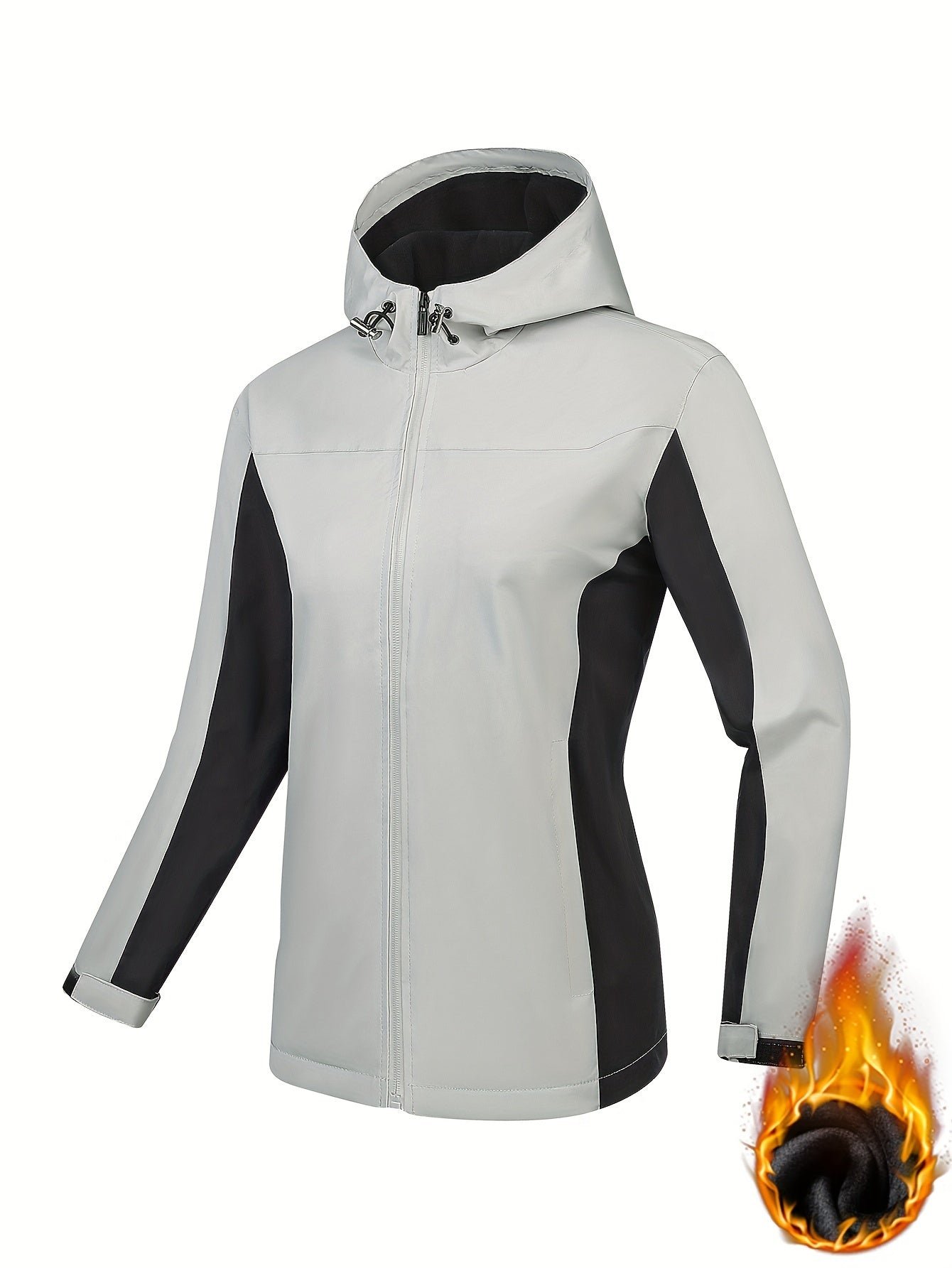 Color Block Hooded Punch Jacket, Casual Waterproof Windproof Jacket, Fleece Warm Hooded Ski Coat, Women's Outdoor Clothing