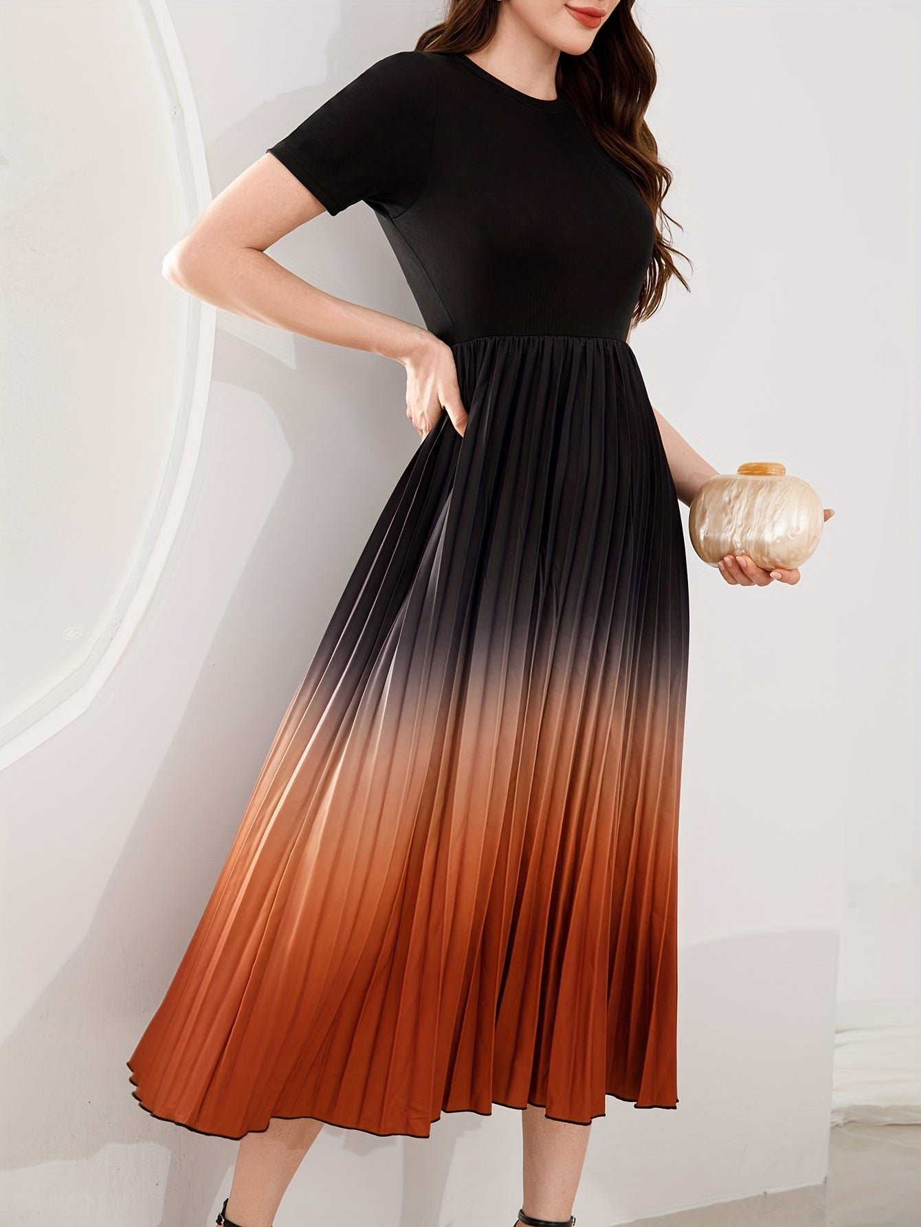 Ombre Crew Neck Pleated Dress, Elegant Short Sleeve A-line Swing Dress For Spring & Summer, Women's Clothing