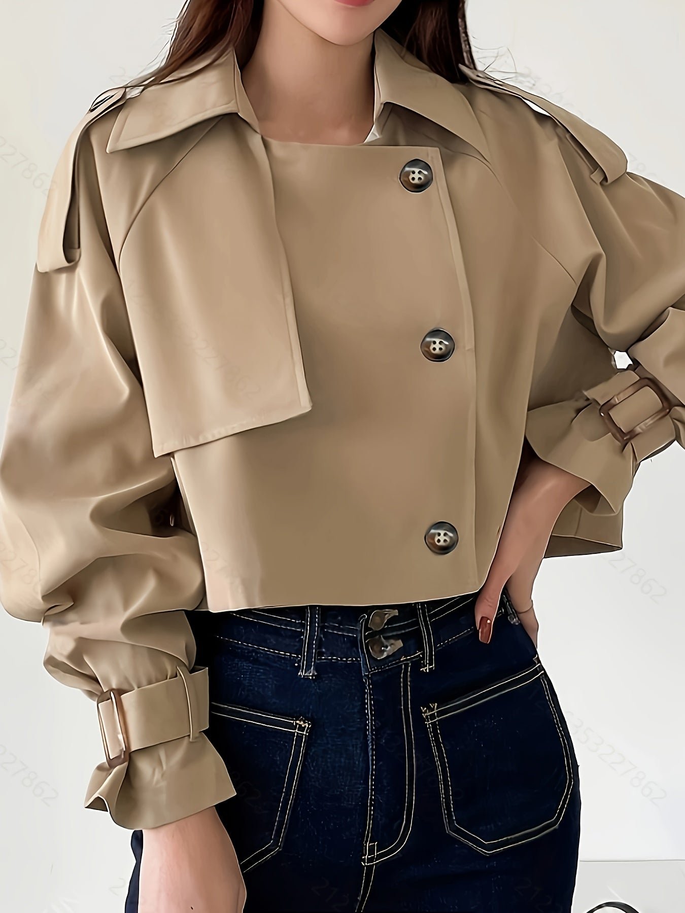 Solid Color Open Front Jacket, Casual Lapel Neck Fake Buttons Long Sleeve Jacket For Spring & Fall, Women's Clothing