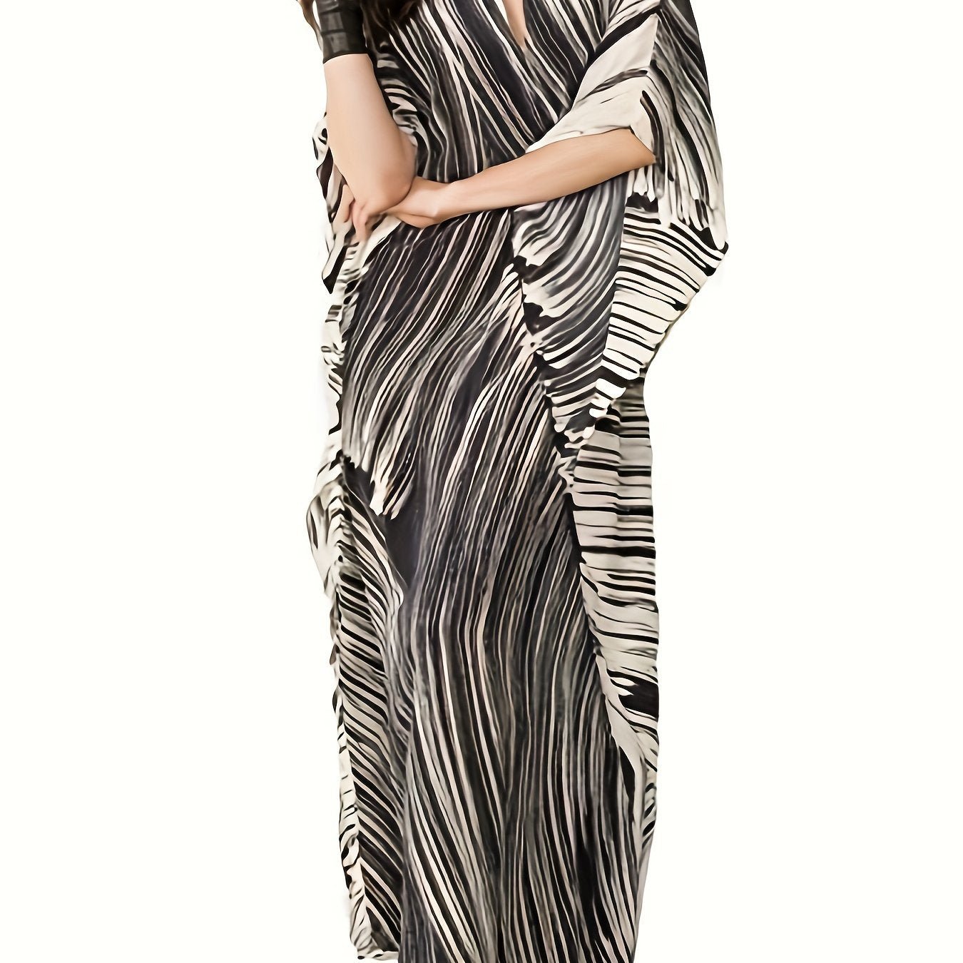 Plus Size Striped Notched Neck Coverup Dress, Vacation Batwing Sleeve Maxi Dress For Beachwear, Women's Clothing