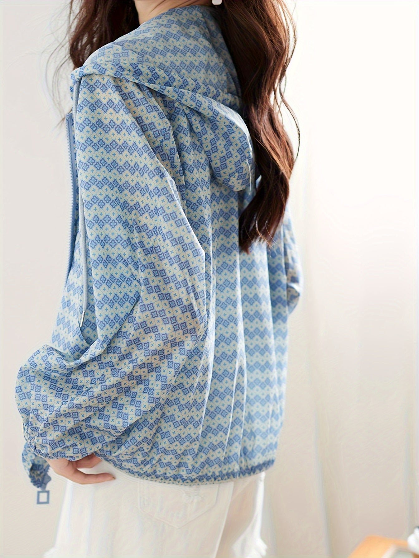 9791cf4f-4c69-4e11-bc3a-2b6049563cdc-1 Allover Print Zipper Front Jacket, Casual Long Sleeve Drawstring Hooded Outwear For Spring & Fall, Women's Clothing