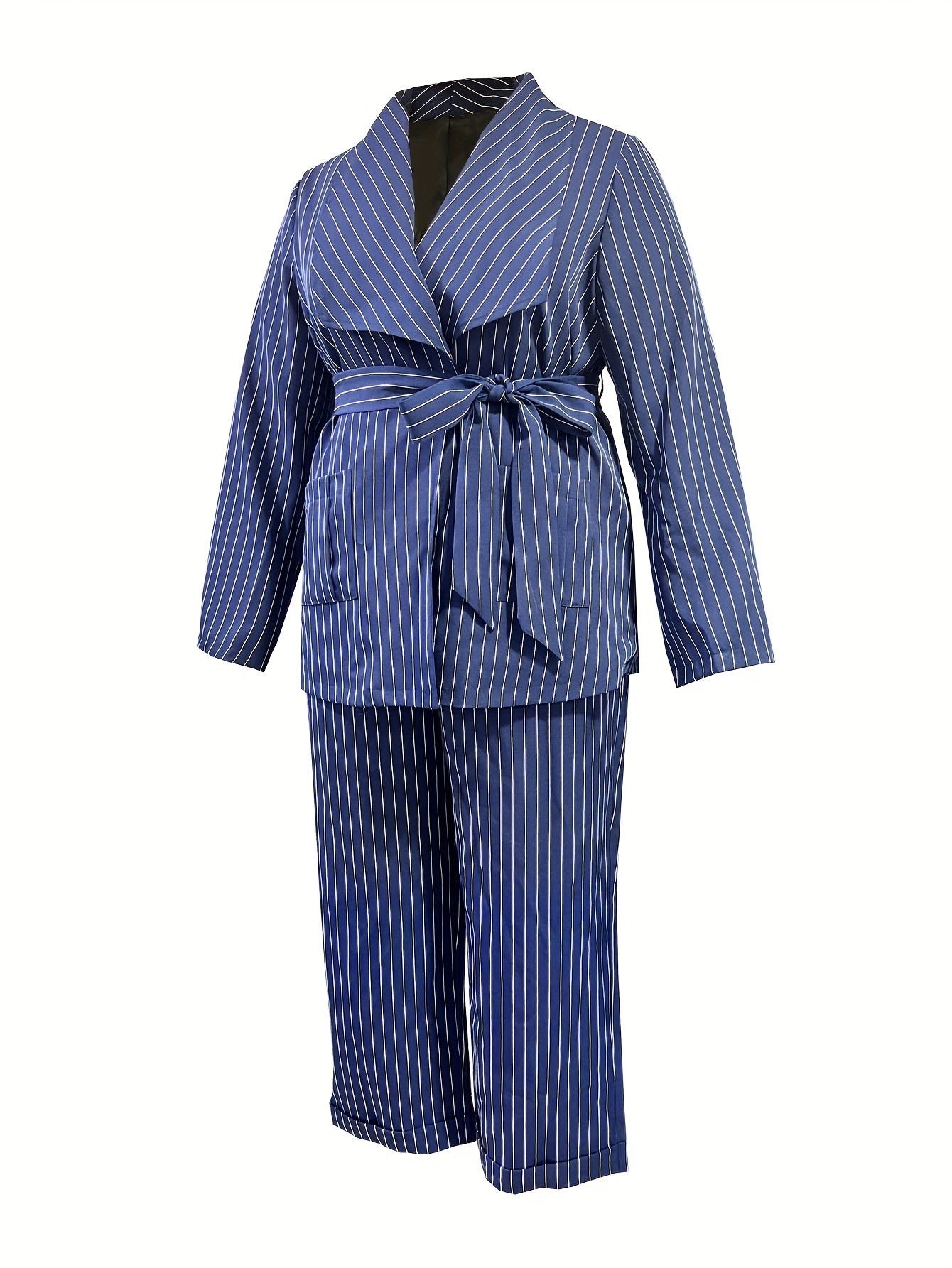 Plus Size Elegant Suit Set, Women's Plus Plaid Print Long Sleeve Waterfall Collar Belted Blazer & Wide Leg Pants Outfits Two Piece Set