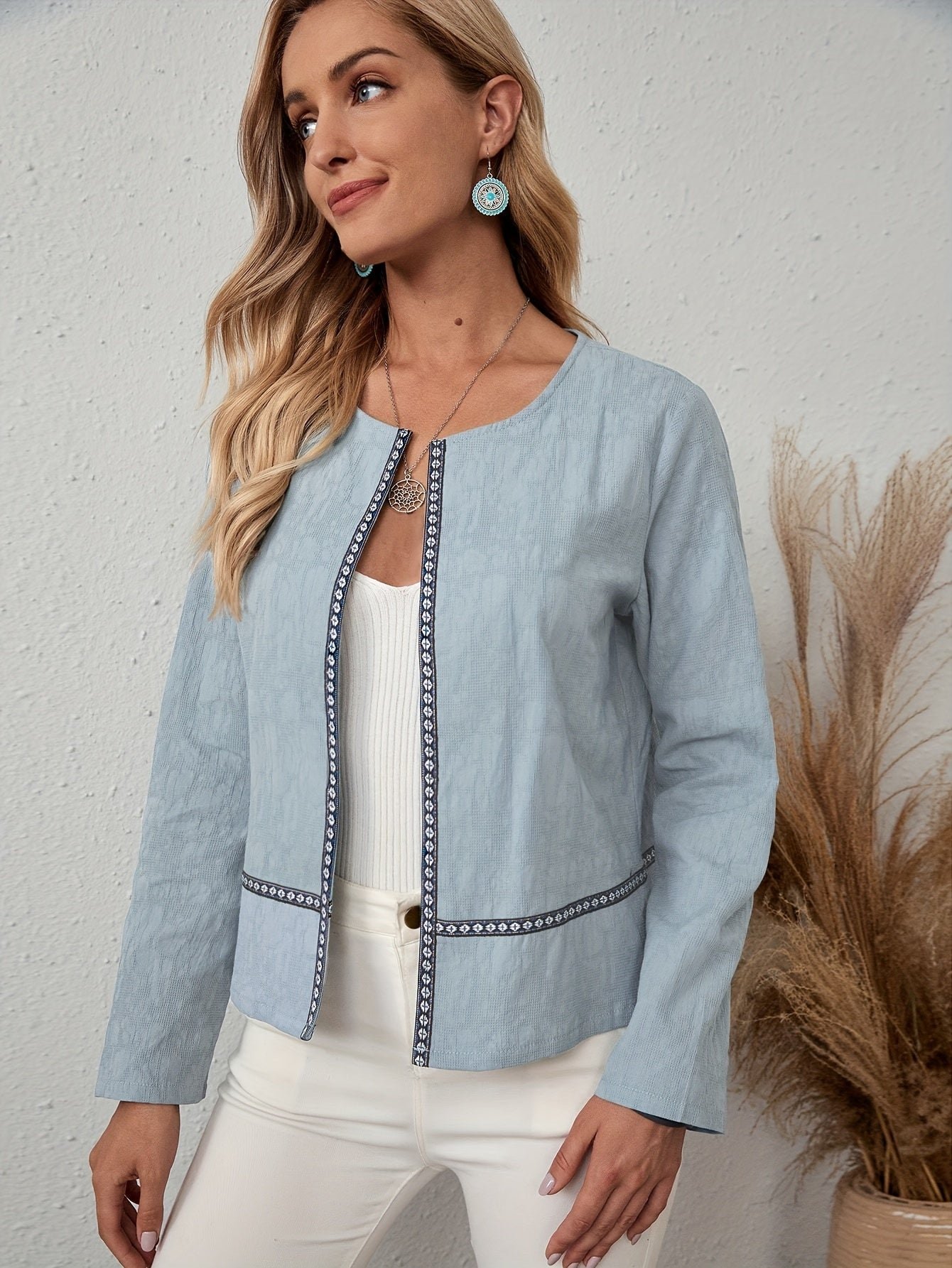 Contrast Trim Open Front Jacket, Casual Long Sleeve Crew Neck Cotton Jacket, Women's Clothing