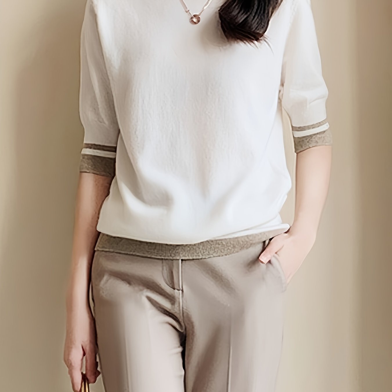 Contrast Trim Mock Neck Sweater, Casual Half Sleeve Pullover Sweater For Spring & Summer, Women's Clothing