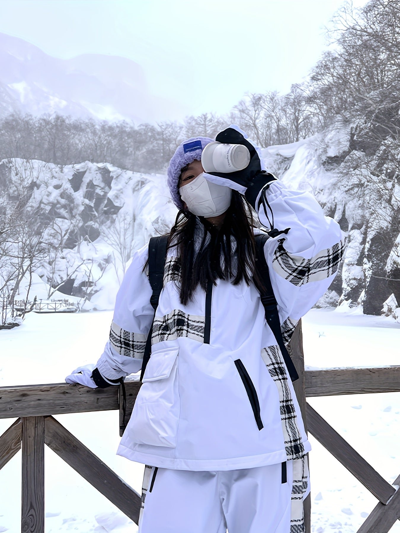 Ski Suit, Windproof And Waterproof Plaid Splicing Ski Top & Ski Pants, Women's Activewear