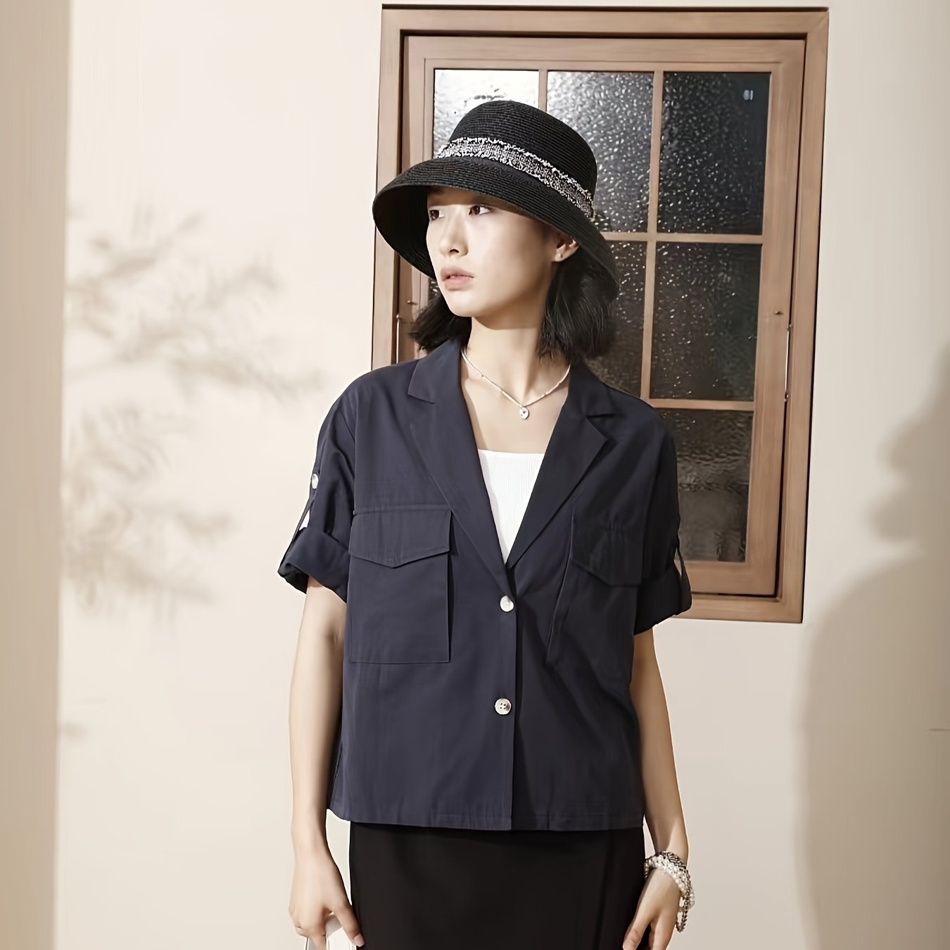Solid Flap Jacket Button Up Jacket, Casual Short Sleeve Lapel Collar Loose Jaket, Women's Clothing