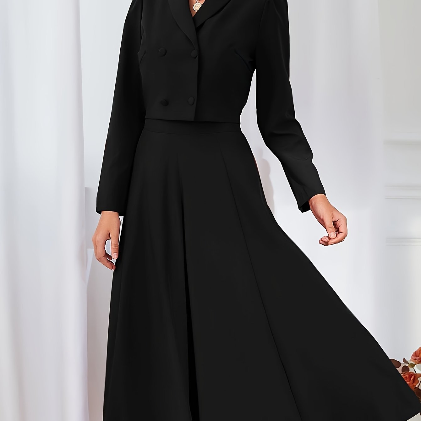 Solid Color Elegant Skirt Suit, Double Button Long Sleeve Crop Jacket & High Waist Midi Skirt Outfits, Women's Clothing