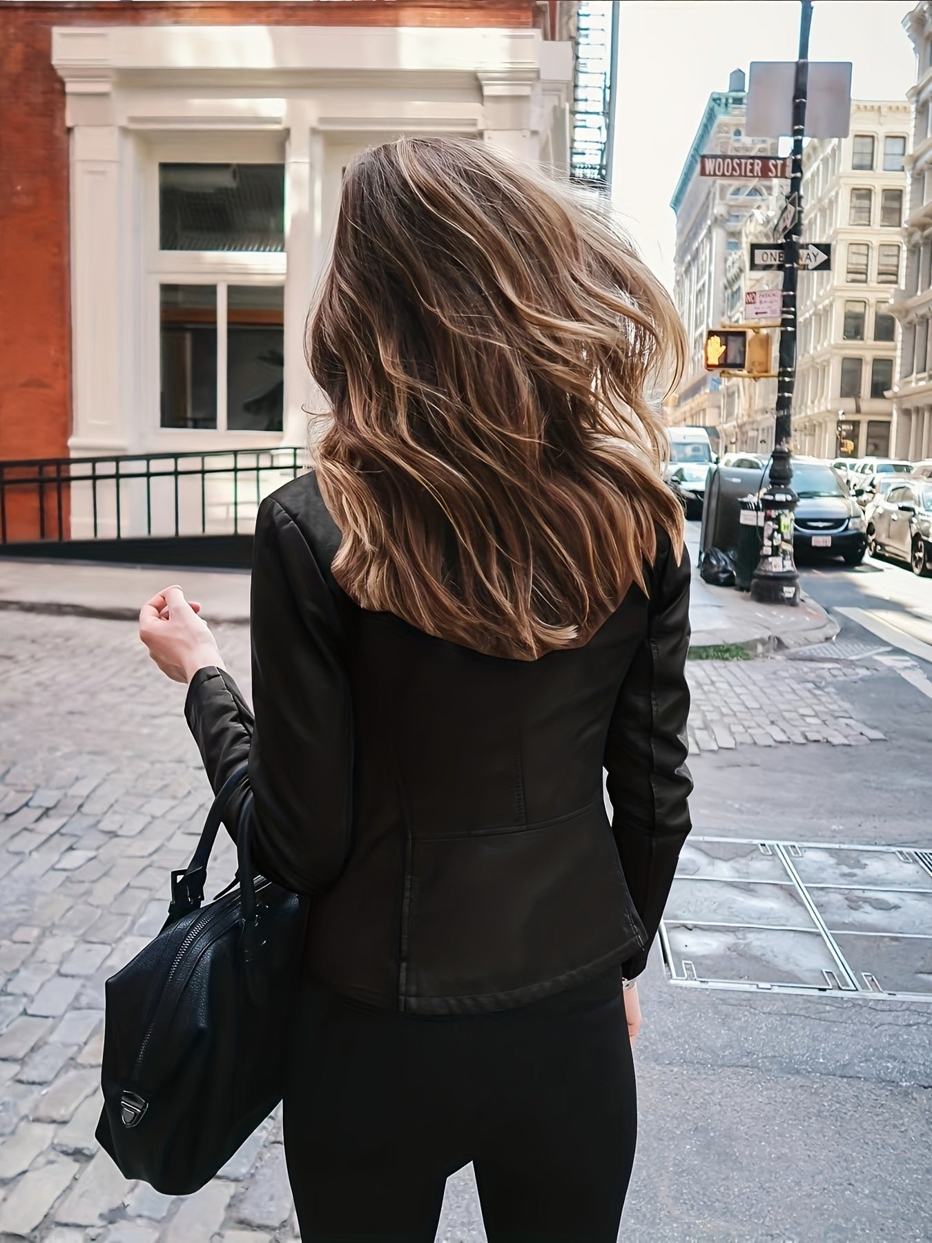 Women's Street Style Chic Coated Stretchy Plain Black Color Jacket With Zipper Pockets And Modern Fit