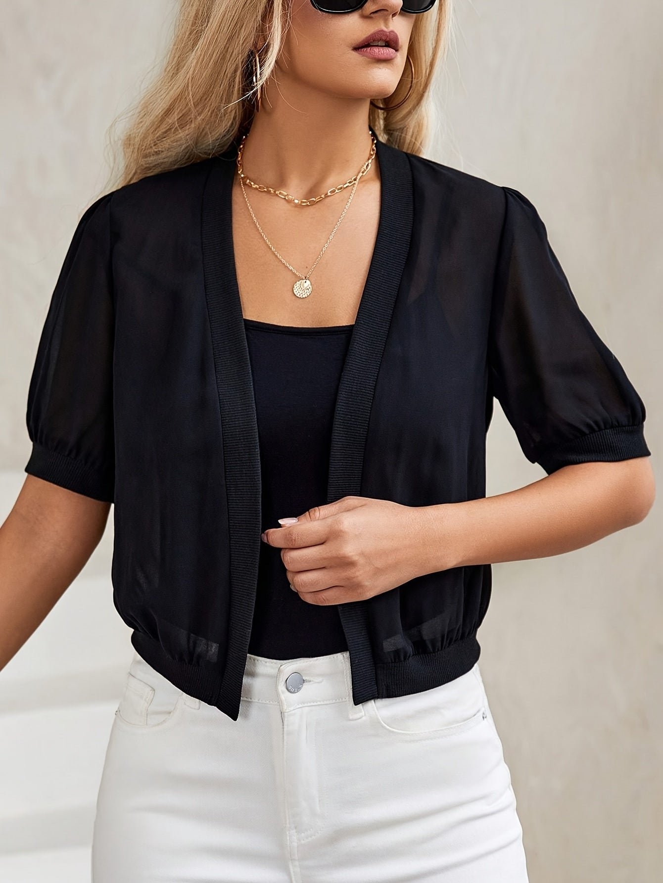 Solid Color Open Front Jacket, Elegant Short Sleeve Jacket For Spring & Fall, Women's Clothing