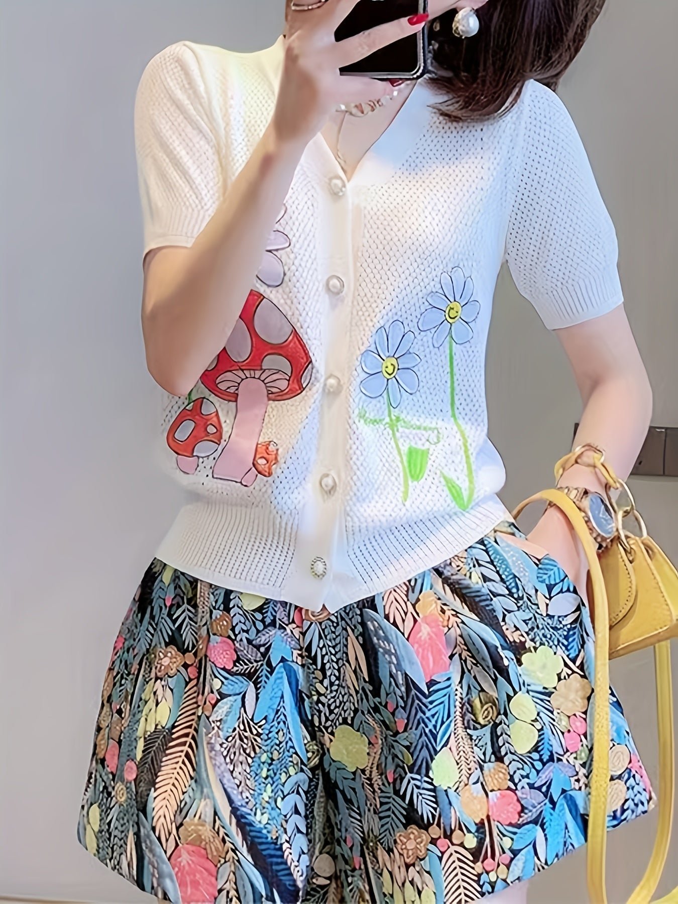 Floral & Mushroom Pattern V Neck Cardigan, Casual Beaded Button Short Sleeve Sweater For Spring & Summer, Women's Clothing