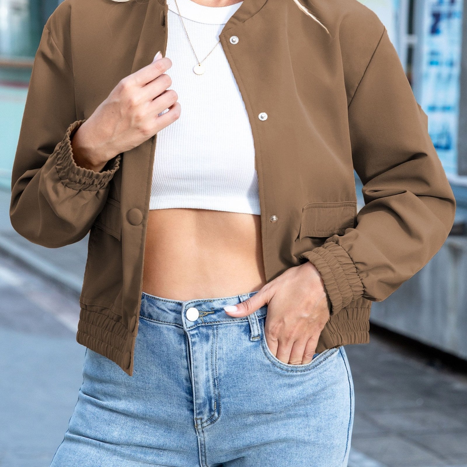 Solid Button Front Bomber Jacket, Casual Long Sleeve Outerwear With Pockets, Women's Clothing