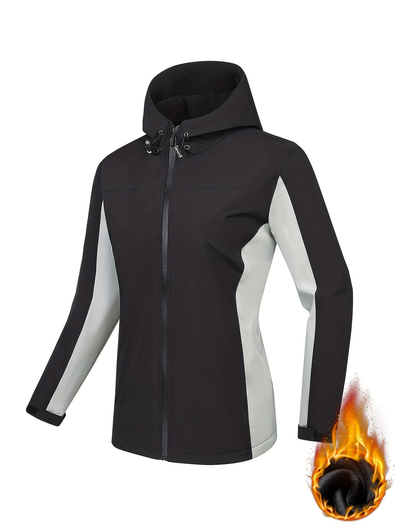Color Block Hooded Punch Jacket, Casual Waterproof Windproof Jacket, Fleece Warm Hooded Ski Coat, Women's Outdoor Clothing