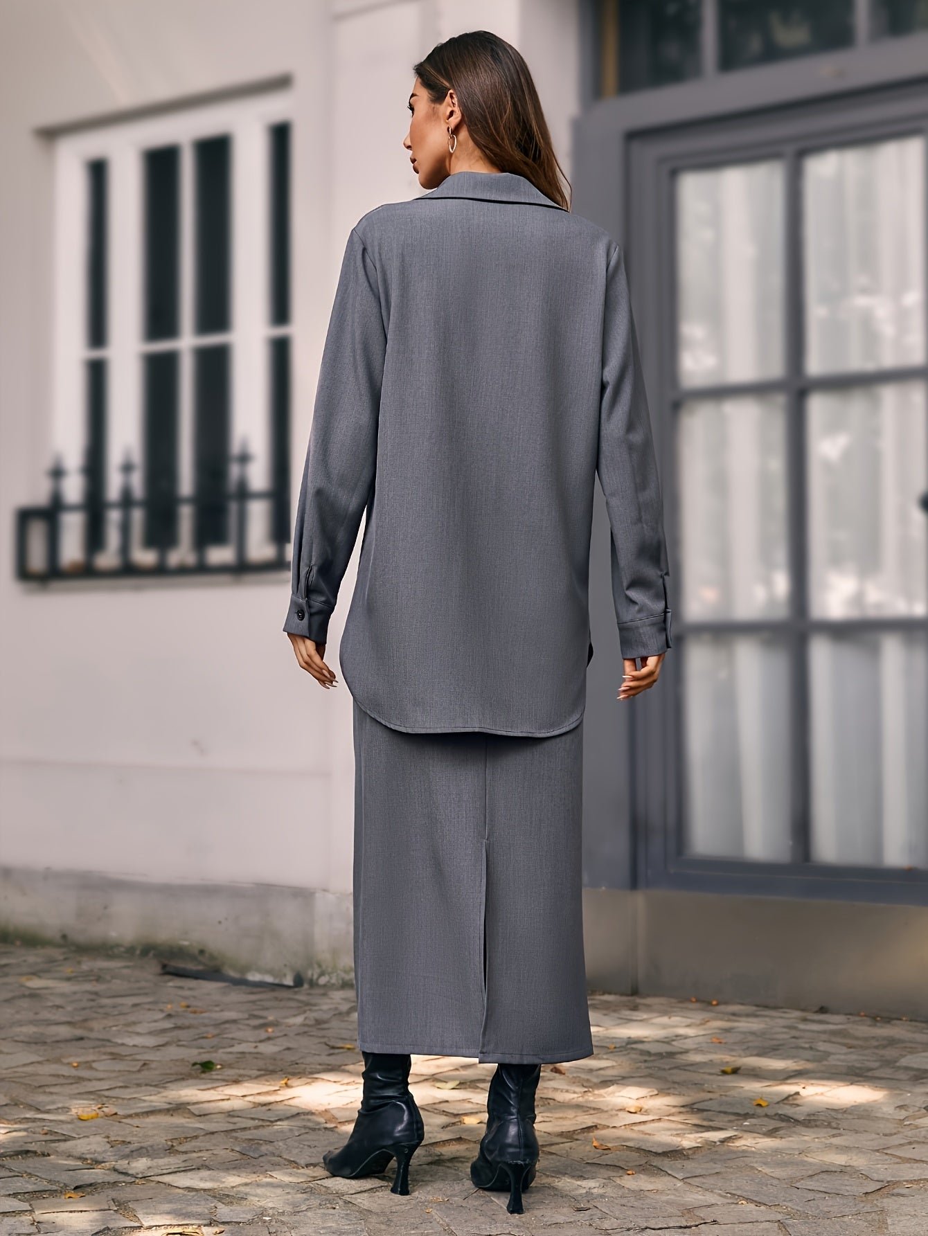 Casual Solid Slim Two-piece Skirt Set, Lapel Neck Button Front Coat & High Waist Split Back Long Length Skirt Outfits, Women's Clothing