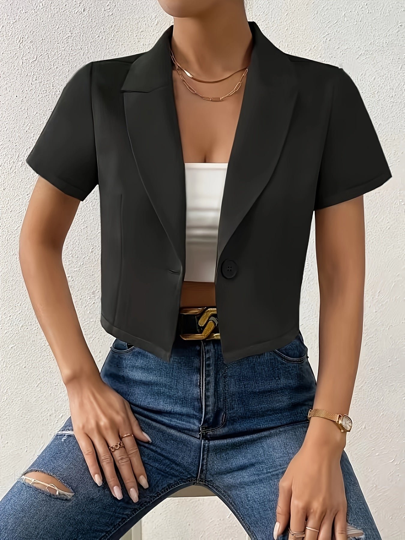 aba31db9-39f3-4c42-a928-53d5a3212dab-1 Solid Color Button Crop Jacket, Chic Lapel Neck Short Sleeve Jacket For Spring & Summer, Women's Clothing