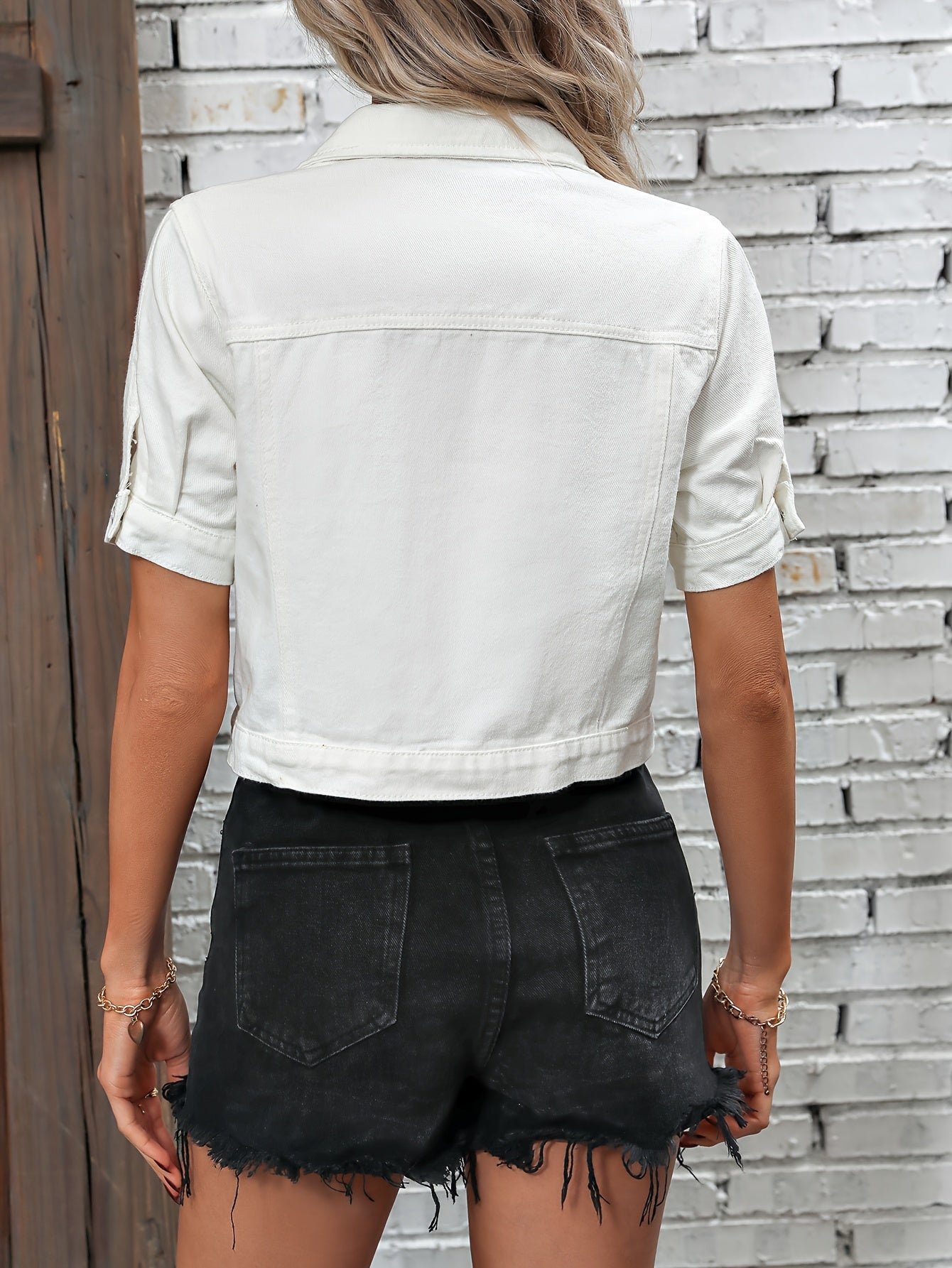 Plain White Short Sleeve Denim Coat, Lapel Single-breasted Flap Pocket Denim Jacket, Women's Denim Jeans & Clothing