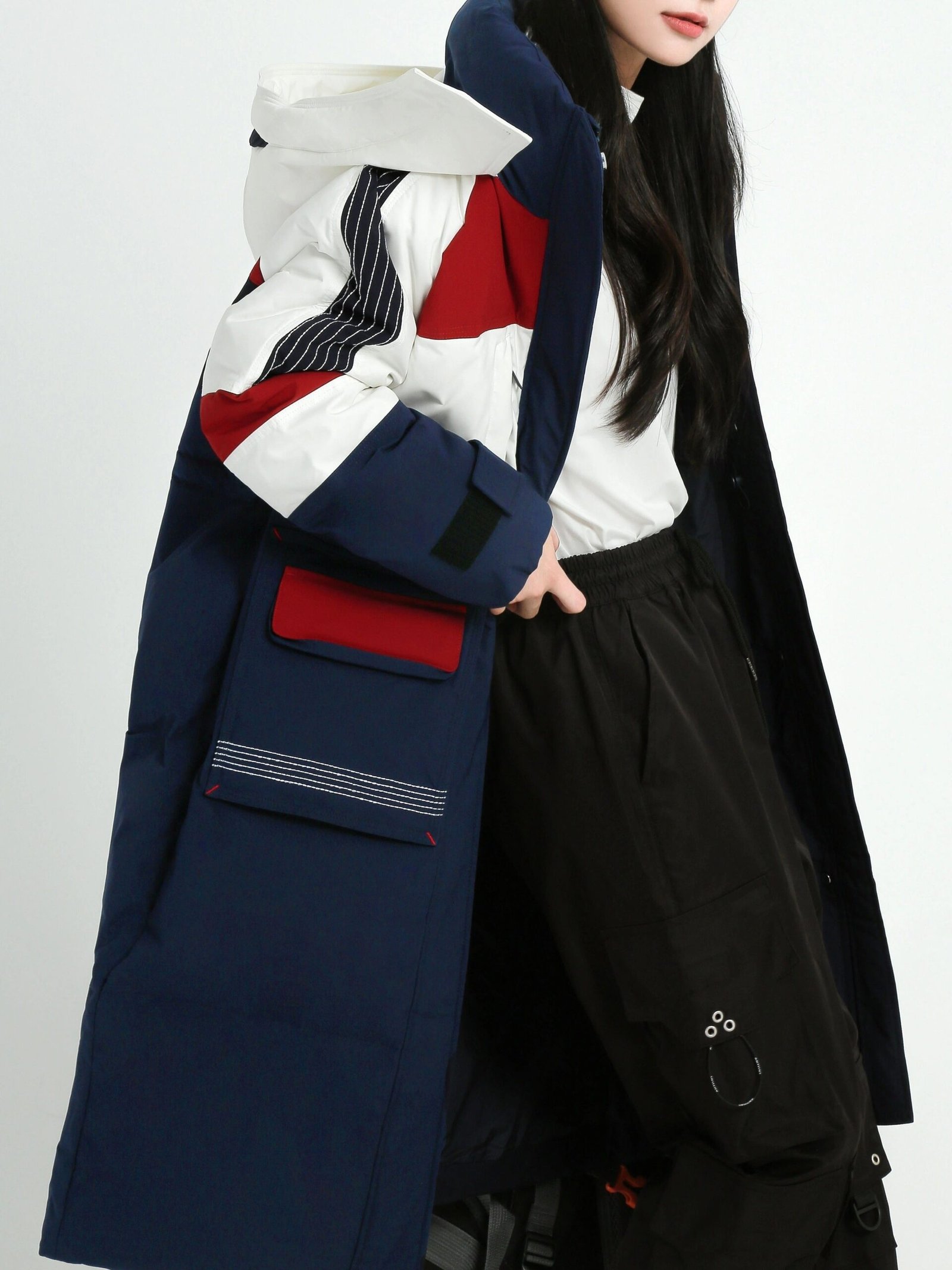 Color Block Hooded Down Jacket, Casual Stand Collar Long Sleeve Winter Warm Outerwear, Women's Clothing