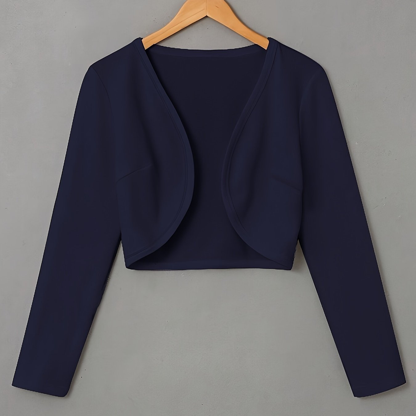 Solid Color Open Front Crop Jacket, Versatile Long Sleeve Outwear For Spring & Fall, Women's Clothing