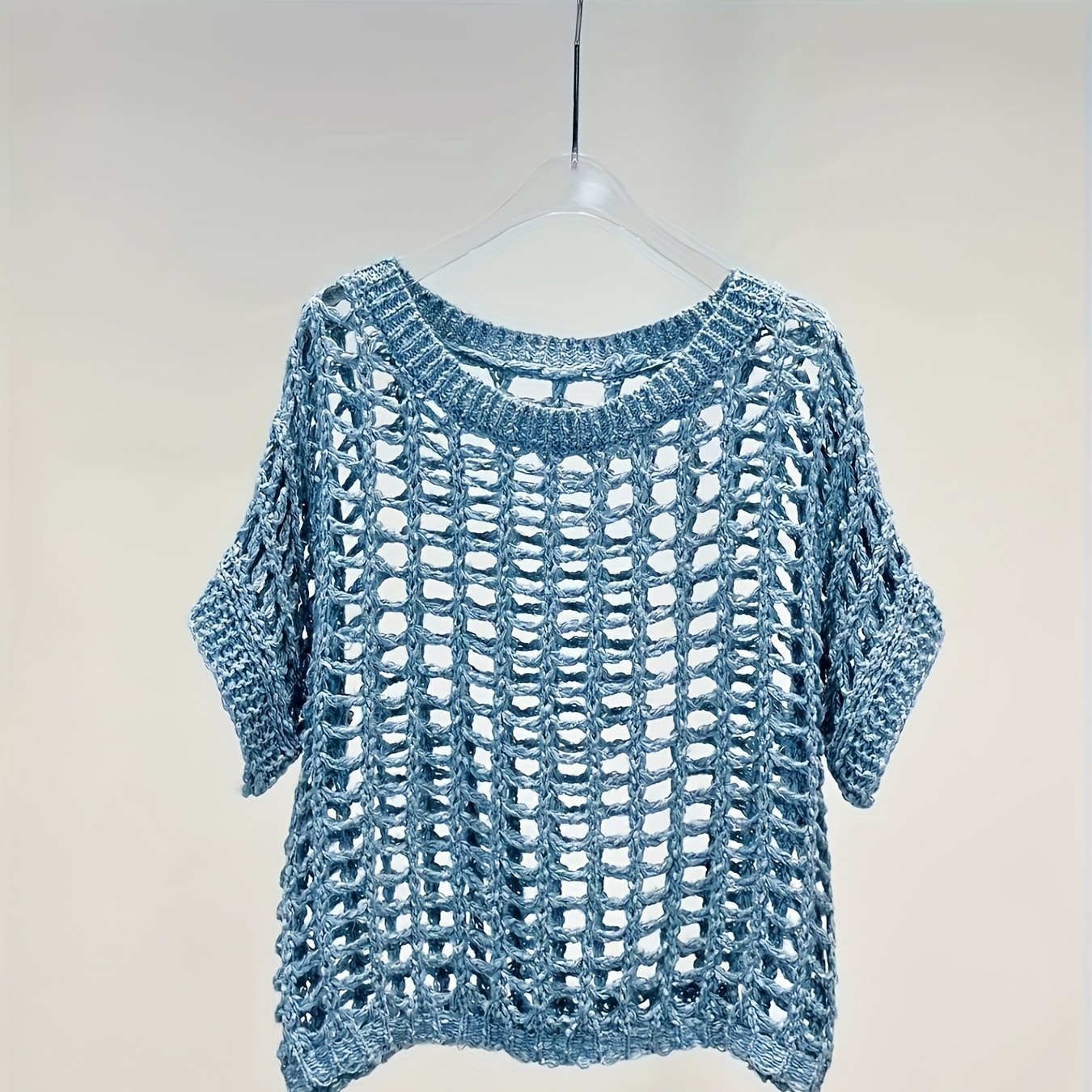 Hollow Out Crochet Crew Neck Sweater, Casual Short Sleeve Knit Top For Spring & Summer, Women's Clothing