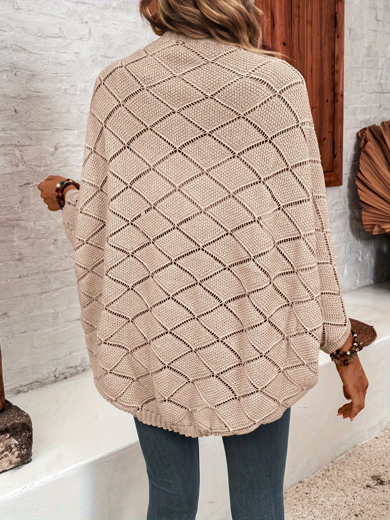 Solid Color Open Front Cardigans, Casual Cut Out Long Sleeve Knitted Shawl Outside Knit Cardigan Top For Spring & Summer, Women's Clothing